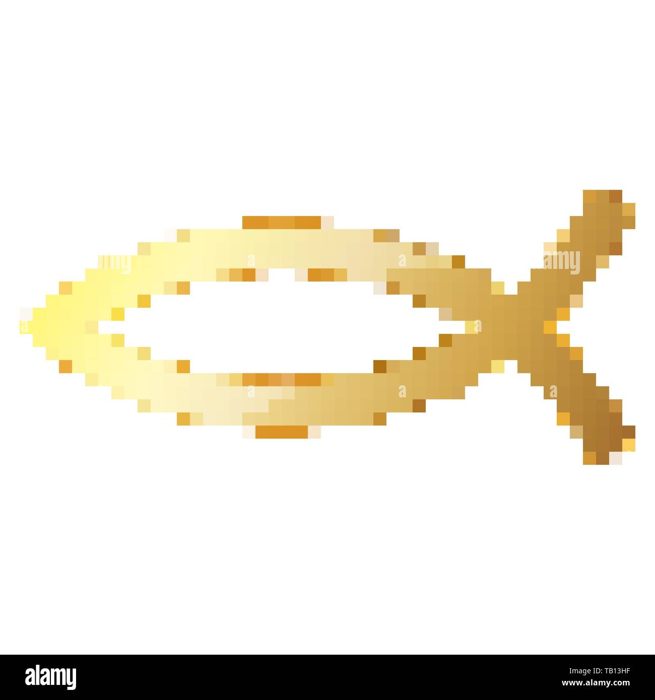 Gold Christian Fish symbol in pixel art style. Vector illustration. Isolated Christian Fish symbol in flat style Stock Vector