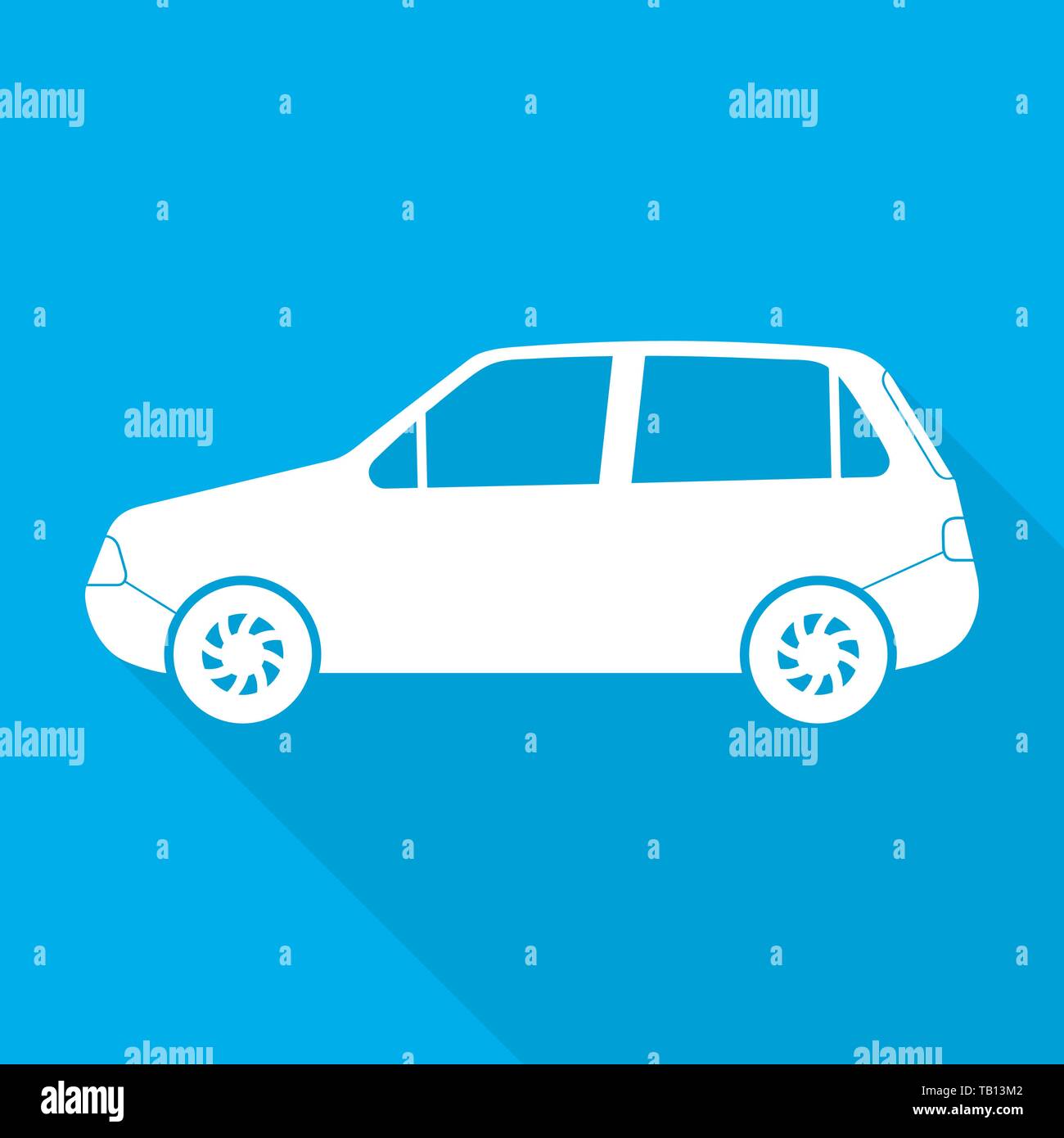 Car icon with long shadow. Vector Illustration. Automobile in flat style, on blue background Stock Vector