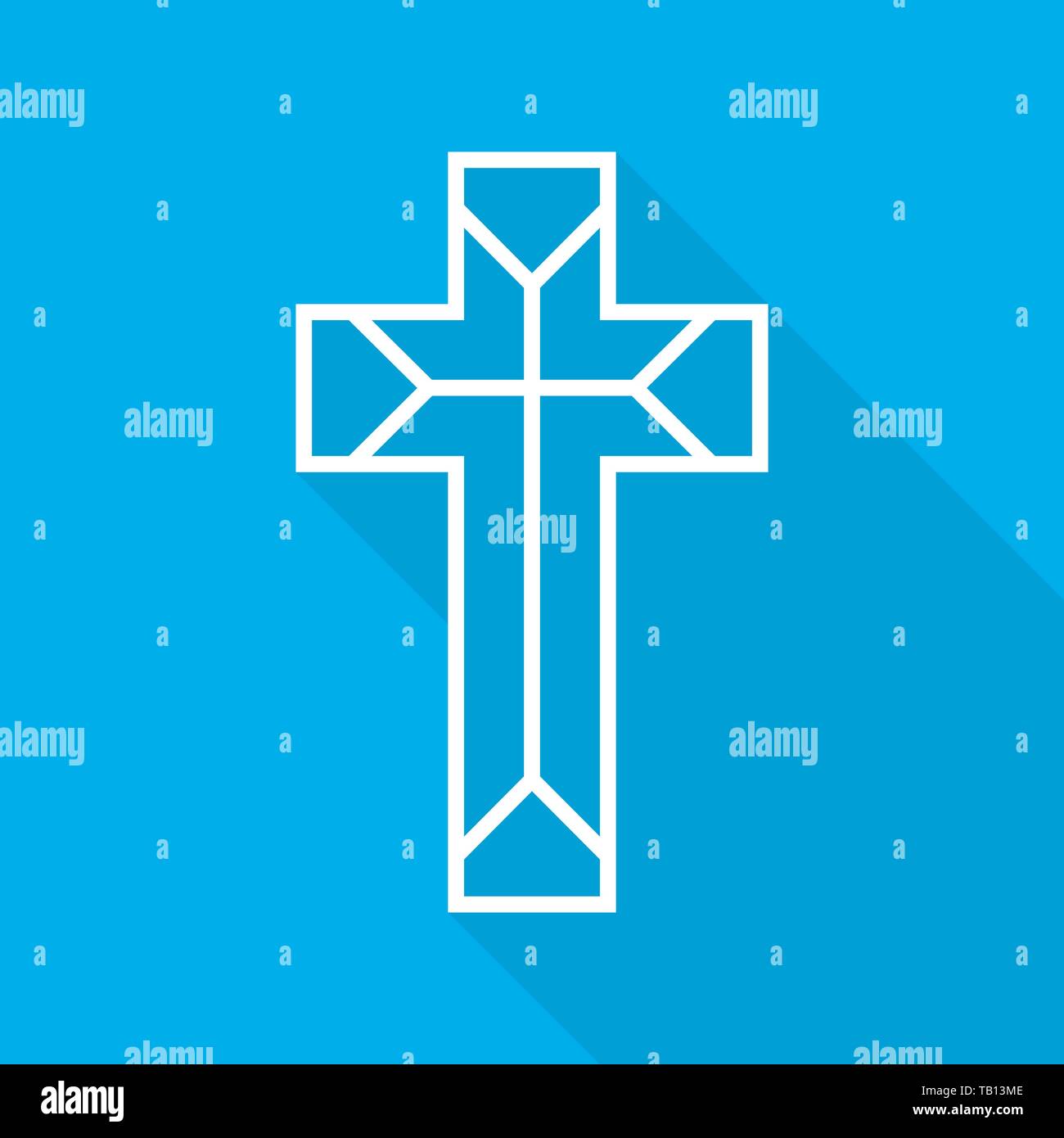 White christian cross icon on blue background. Abstract christian cross with long shadow. Vector illustration. Stock Vector