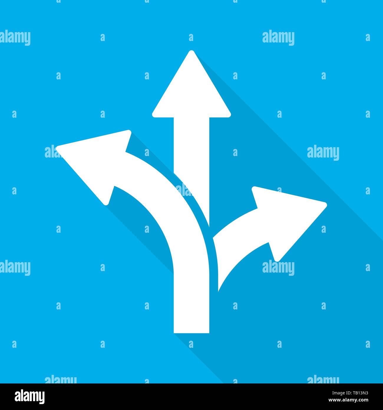 Three-way direction Arrow with long shadow. Vector Illustration. Arrow in flat style, on blue background Stock Vector