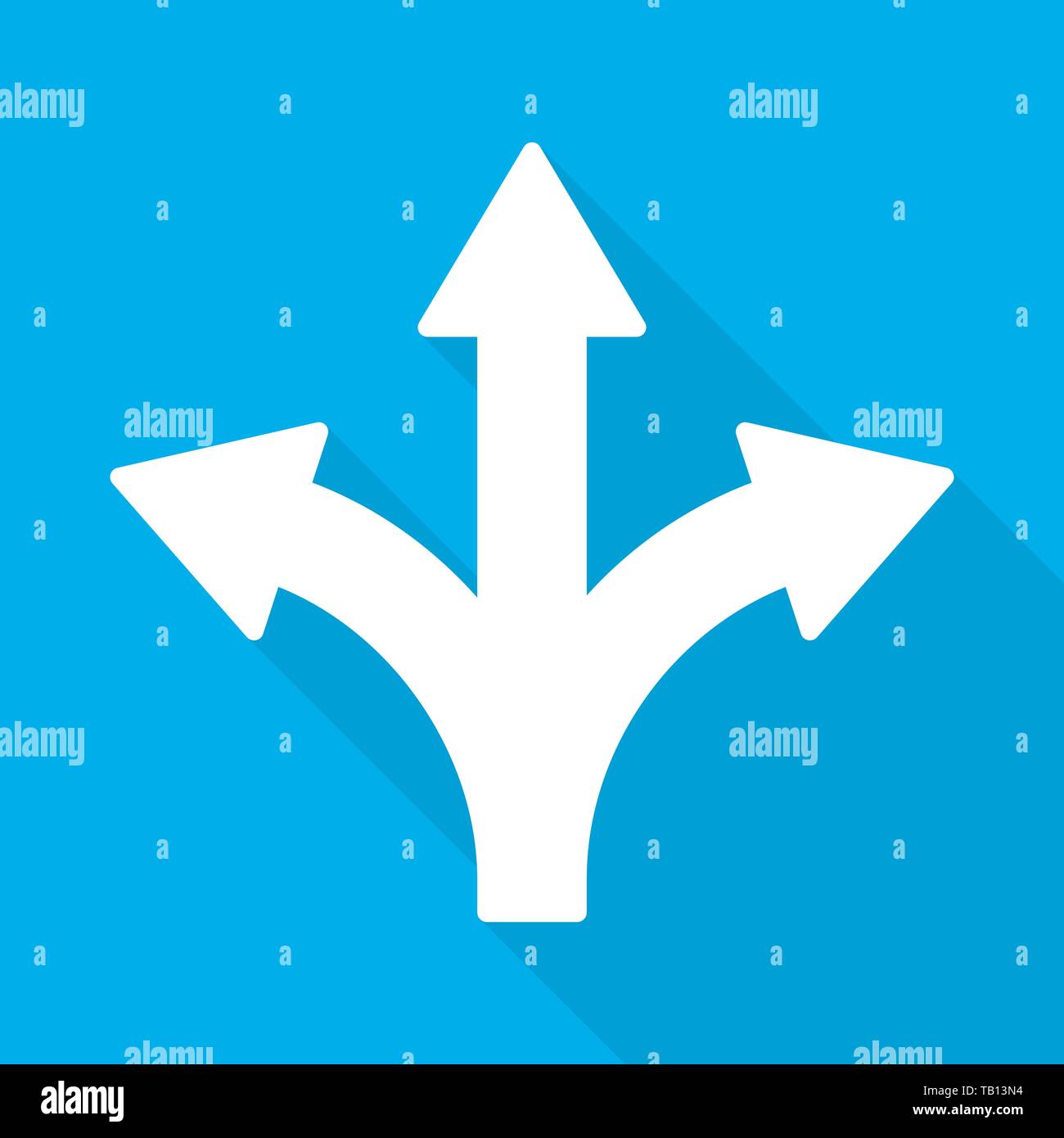 Three-way direction Arrow with long shadow. Vector Illustration. Arrow in flat style, on blue background Stock Vector