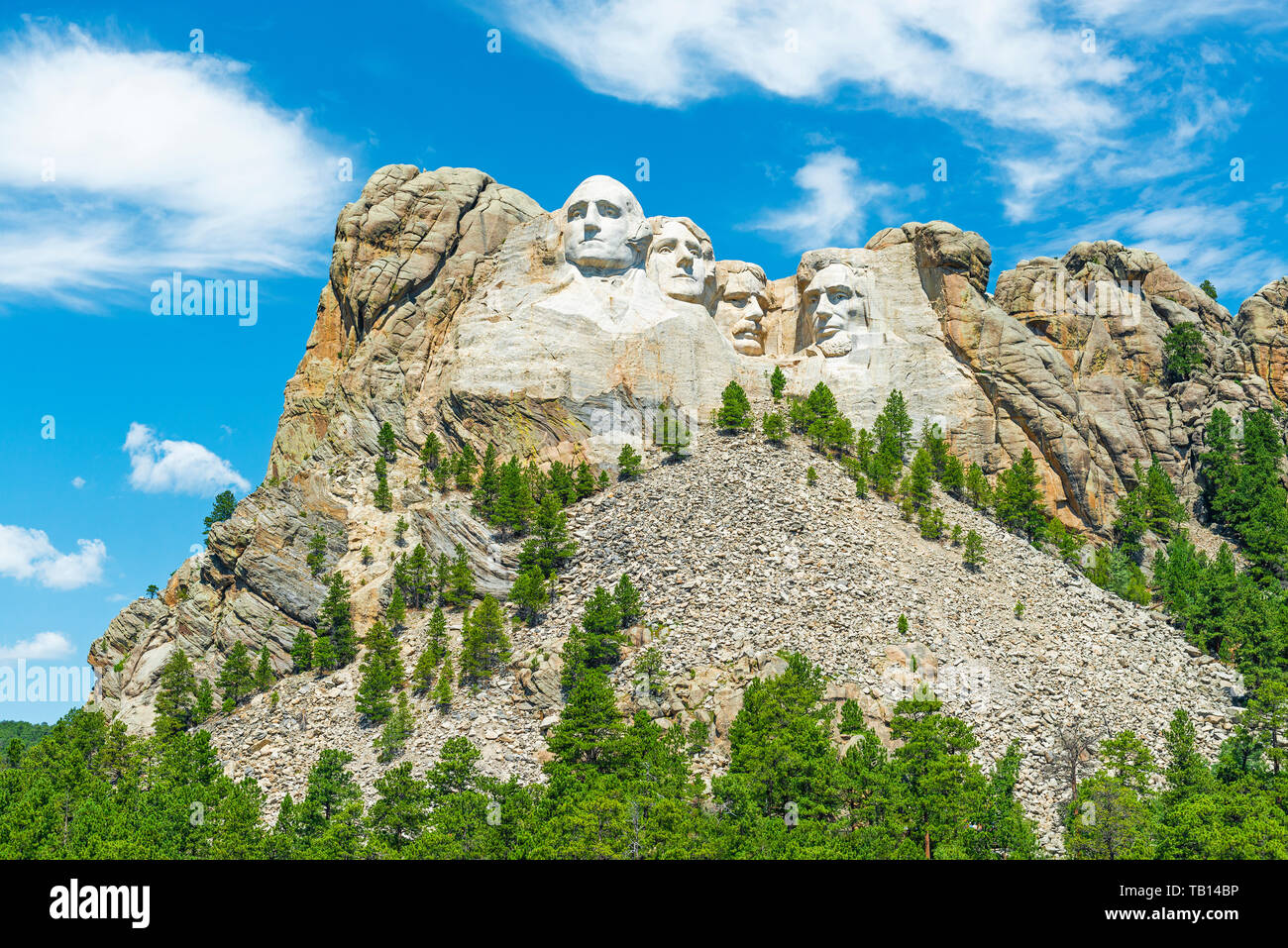 Mount Rushmore national monument with a pine tree forest in the Black Hills near Rapid City in South Dakota, United States of America, USA. Stock Photo