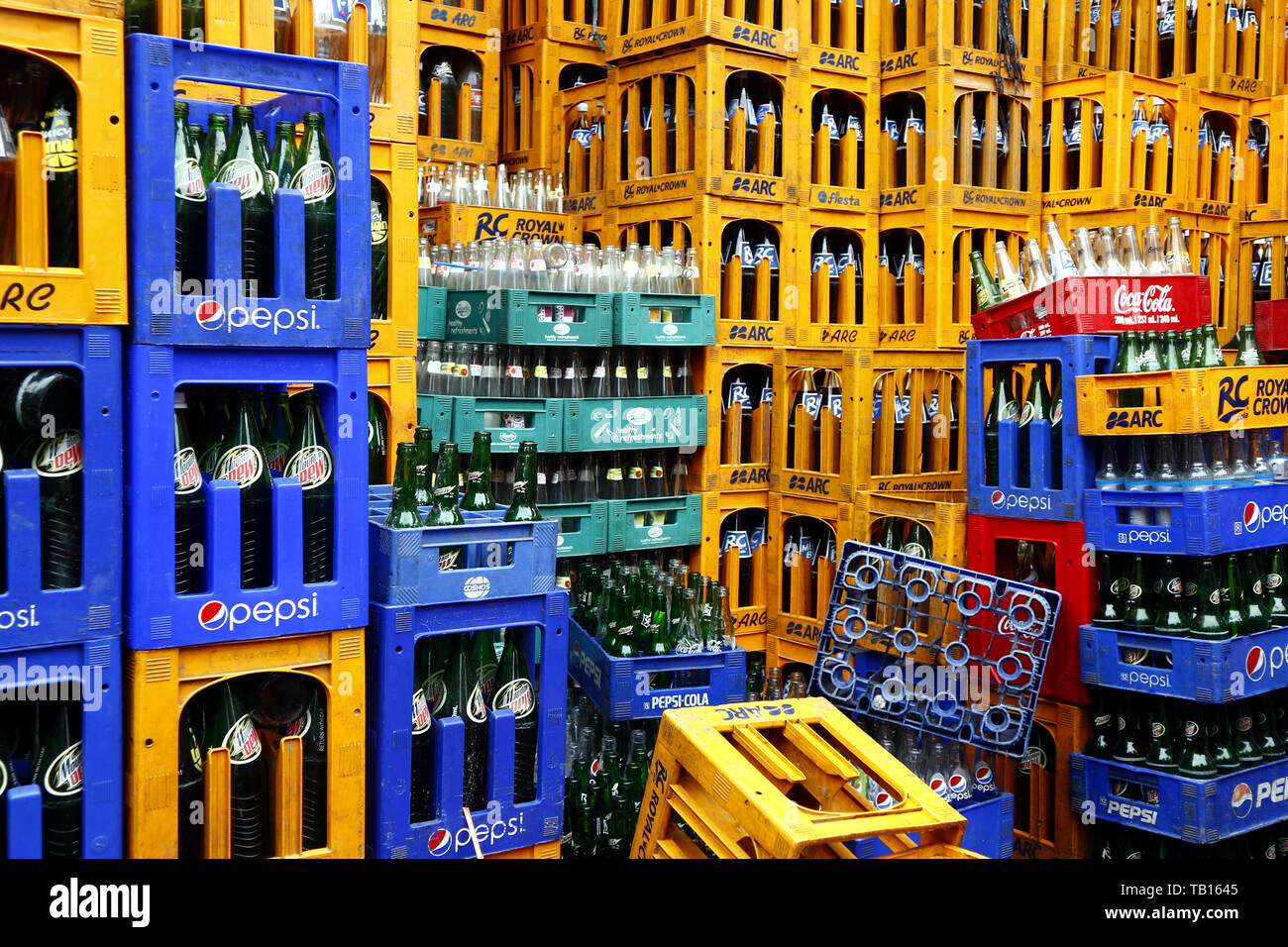 ANTIPOLO CITY, PHILIPPINES MAY 21, 2019 Stacks of empty soft drinks or soda bottle in their