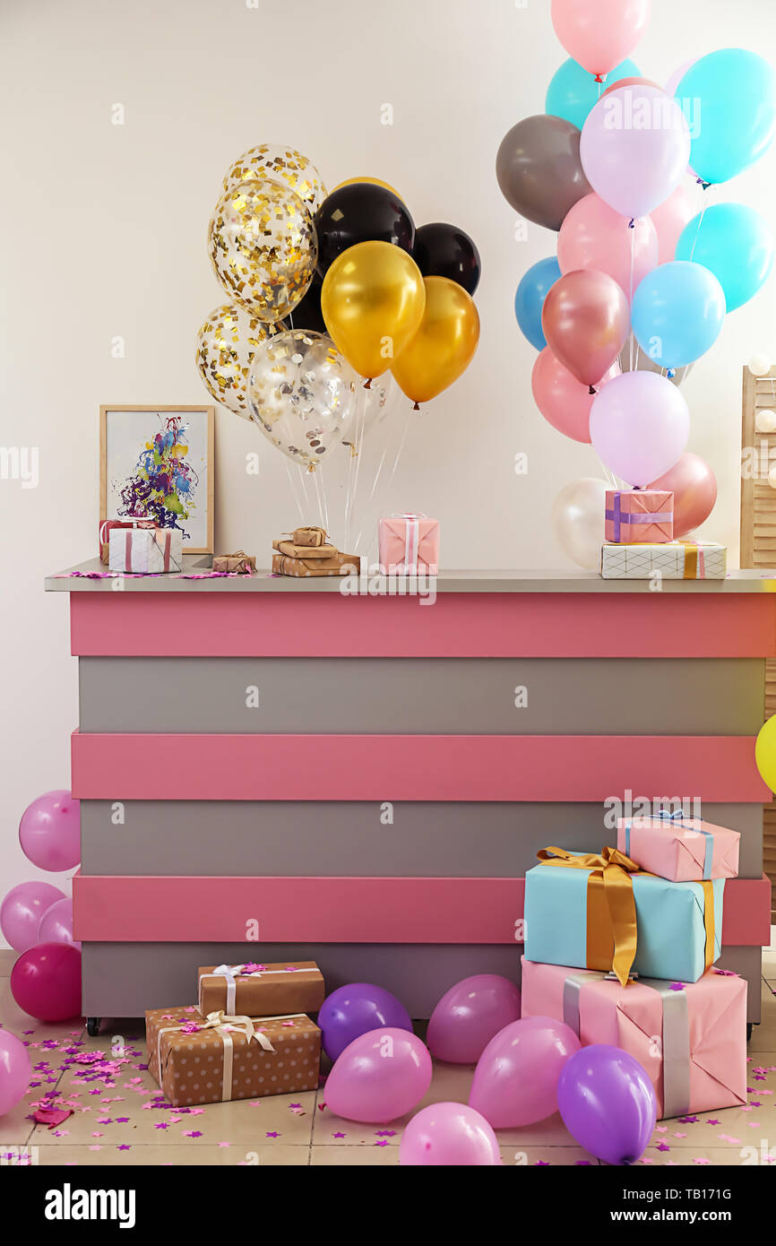 Room with reception desk decorated for Birthday party Stock Photo ...