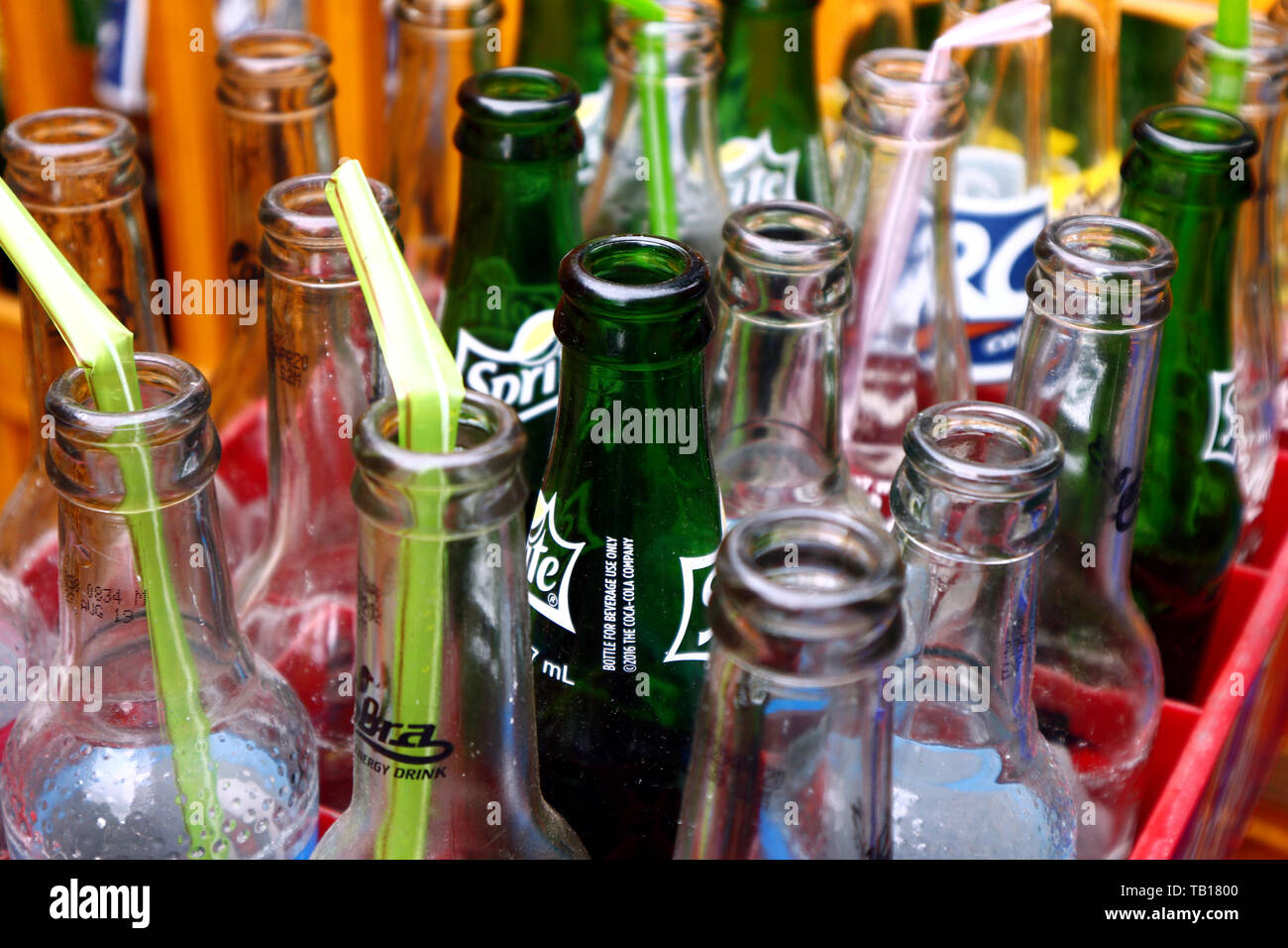 ANTIPOLO CITY, PHILIPPINES MAY 21, 2019 Stacks of empty soft drinks or soda bottle in their