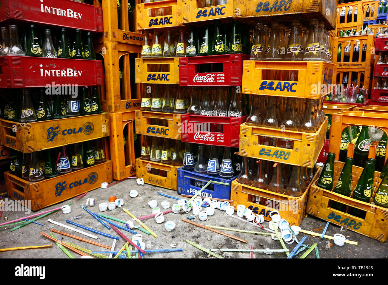 ANTIPOLO CITY, PHILIPPINES MAY 21, 2019 Stacks of empty soft drinks or soda bottle in their