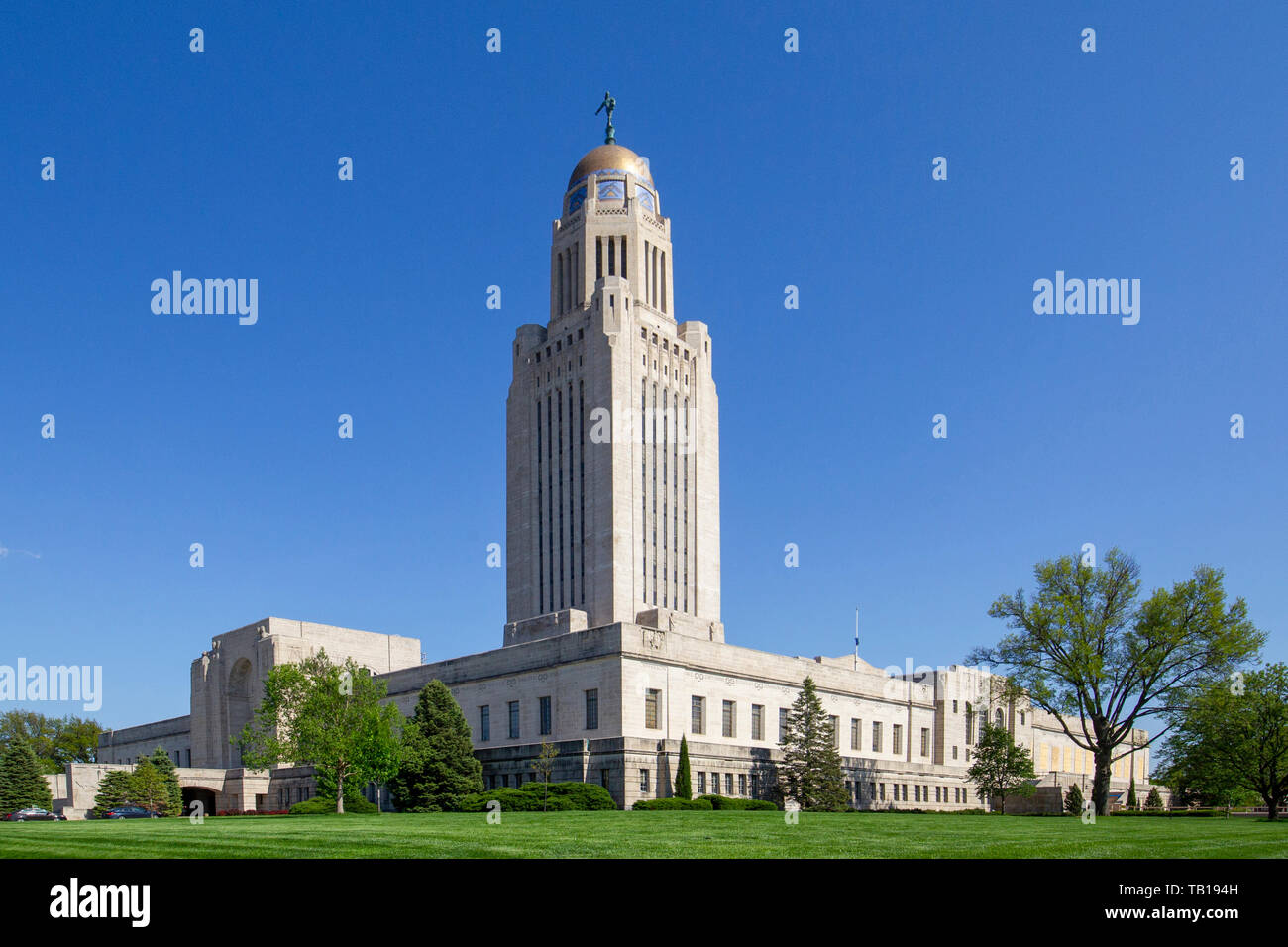 The Nebraska State Capitol is the seat of government for the U.S. State of Nebraska and is located in downtown Lincoln, Nebraska. Stock Photo