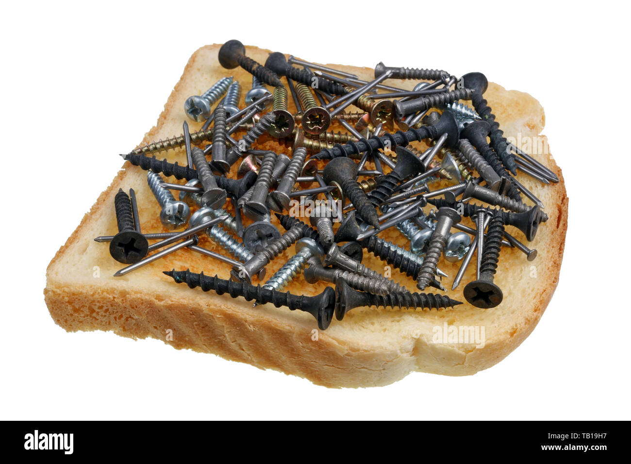 Dangerous food concept toast sandwich with nails and screw. Isolated