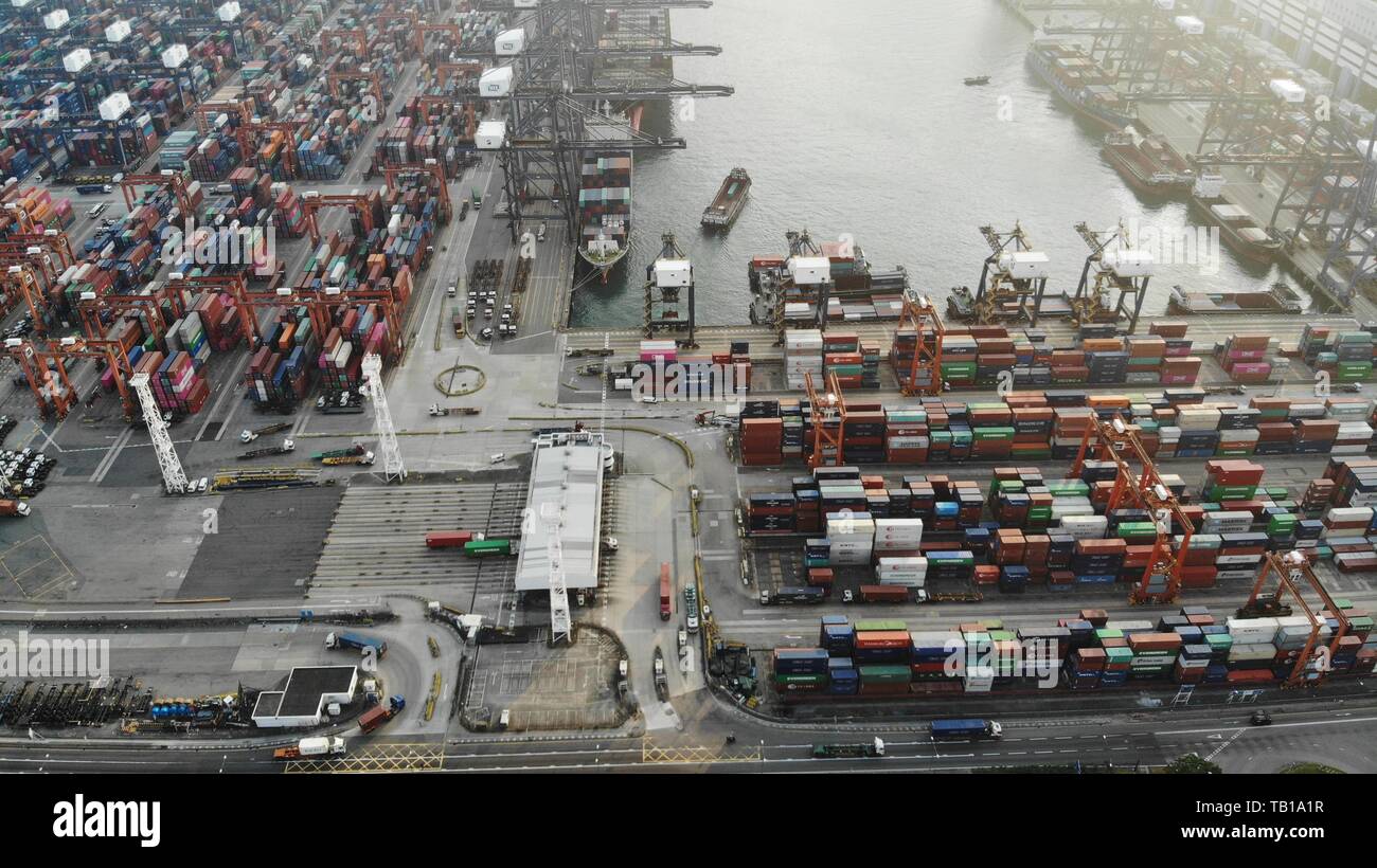 Hong Kong- February 1 2019: Kwai Tsing container terminal port view in drone. HK logistics face the challege from china port and Vietnam port as the c Stock Photo