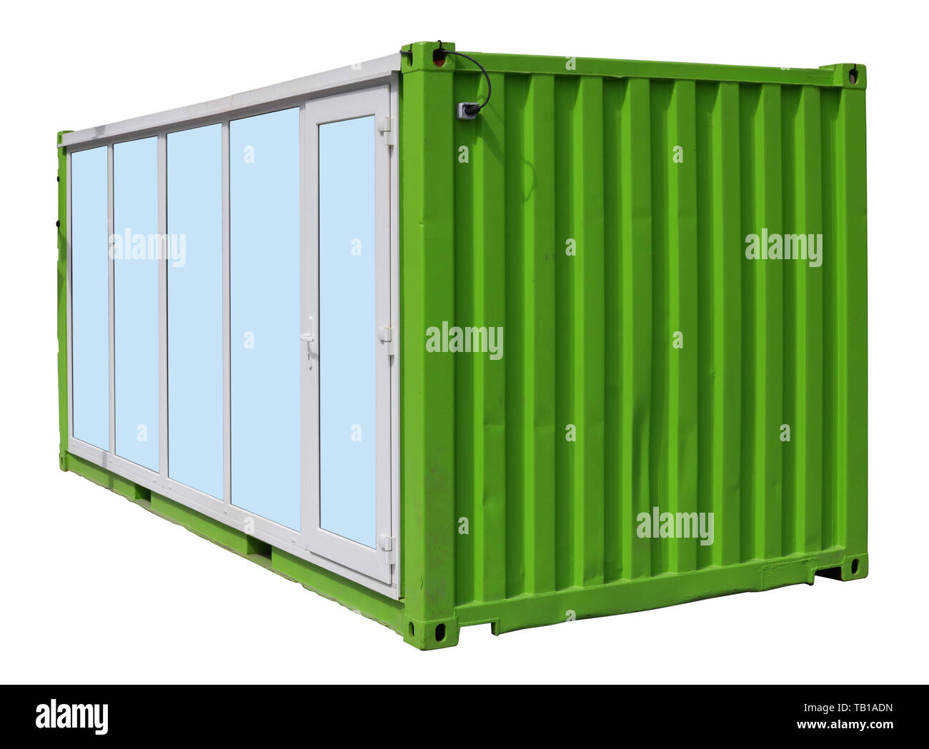 Outdoor kiosk made of green metal sea freight  cargo container. Isolated on white with patch Stock Photo