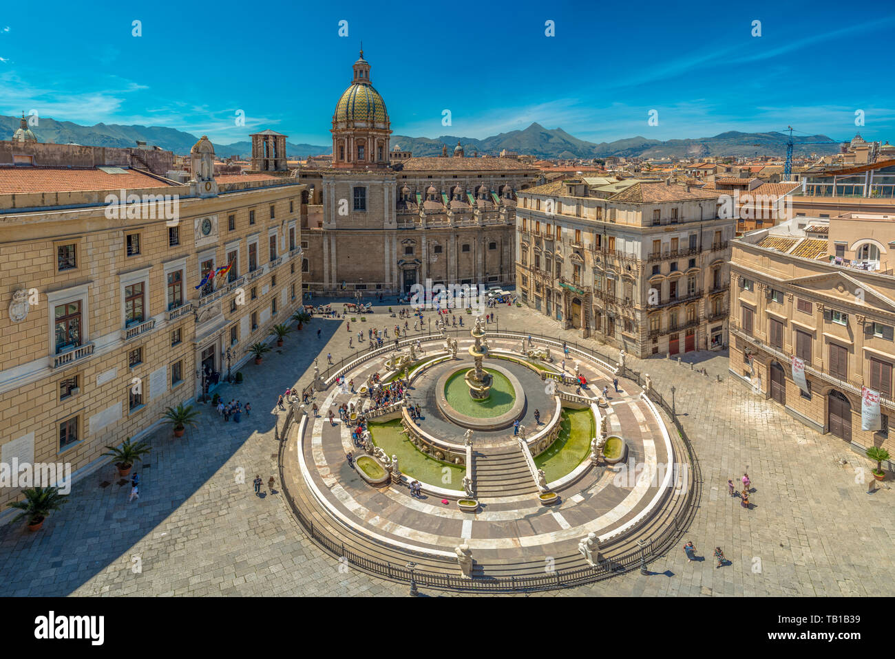 View of baroque Piazza Pretoria and the Praetorian Fountain in Palermo, Sicily, Italy. Stock Photo