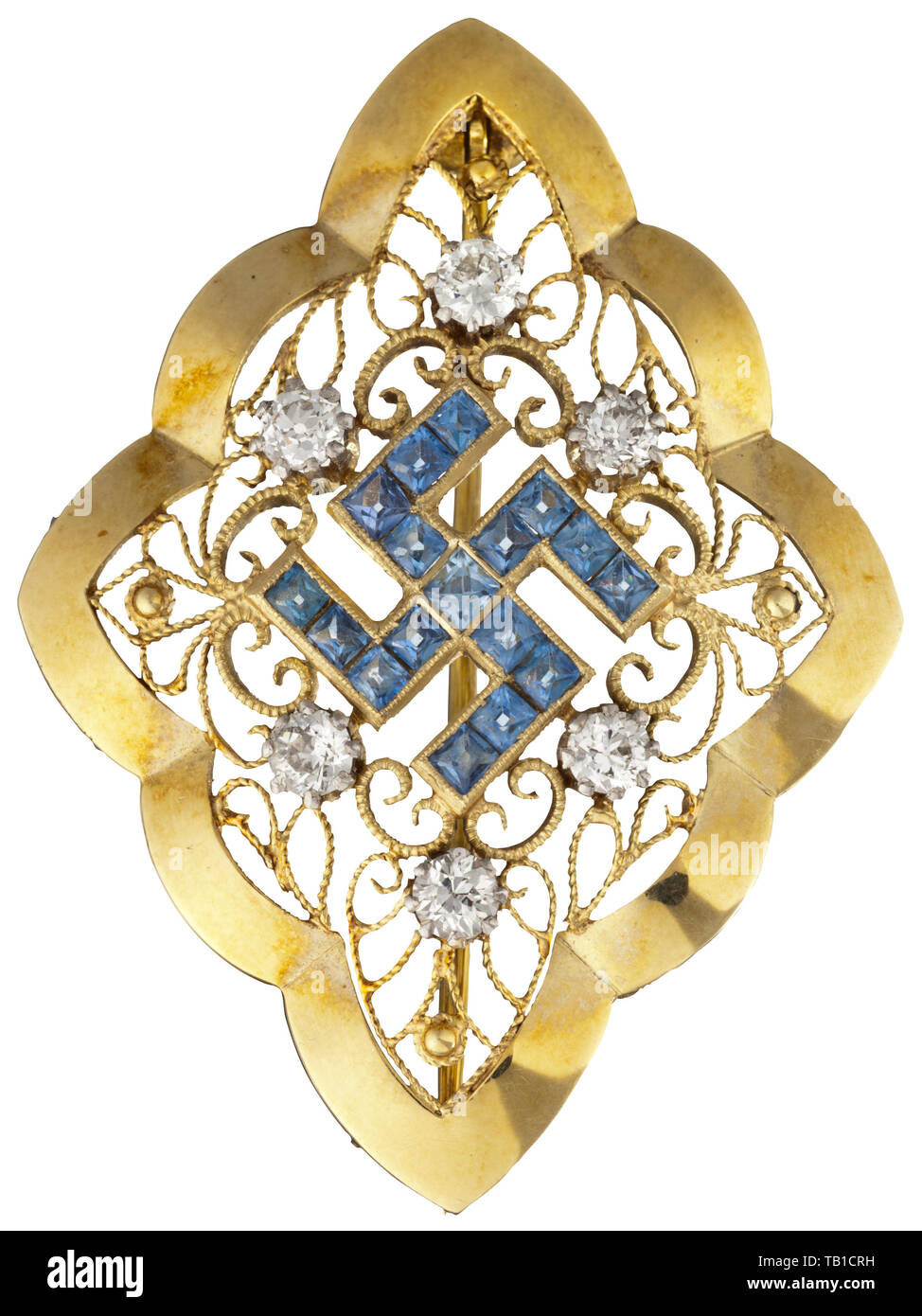 Emmy Göring - a gold brooch with cut diamonds and sapphires, Curved lozenge form, set within the central gold filigree a swastika with 17 light blue sapphires, surrounded by six diamonds. Hallmark '585' at back. Pin with safety closure. Dimensions 42 x 30 mm, weight 7.5 g. Cf. Hermann Historica, 45th auction, lot 6502, sold for EUR 2,100. 20th century, 1930s, NS, National Socialism, Nazism, Third Reich, German Reich, Germany, German, National Socialist, Nazi, Nazi period, fascism, historic, historical, Editorial-Use-Only Stock Photo