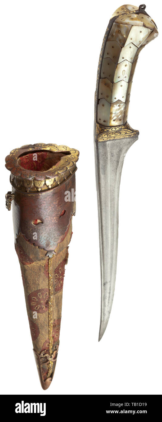 An Indian pesh kabz decorated with mother-of-pearl plates, Gujarat, 18th century, Slightly curved single-edged blade of wootz Damascus, the blade mounting decorated with floral pattern inlaid in gold. Wooden grip entirely covered with nailed mother-of-pearl plates. Cloth-covered wooden scabbard with copper fittings partly coated with remnants of gilding. Length 33 cm. historic, historical, Additional-Rights-Clearance-Info-Not-Available Stock Photo