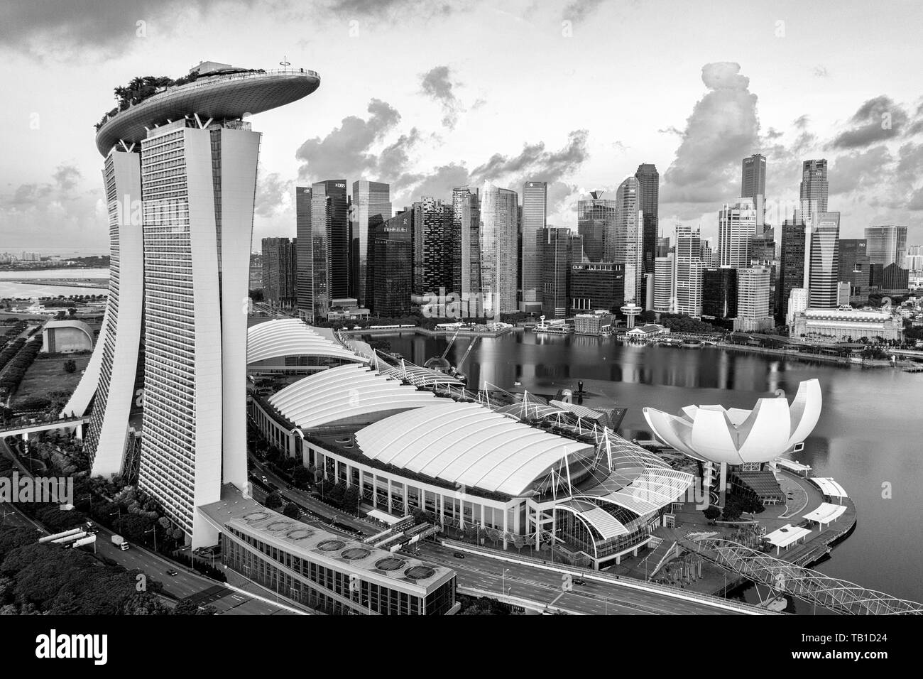 Black and white view of Marina Bay Sands and various skyscrapers from an aerial perspective, Singapore. Stock Photo