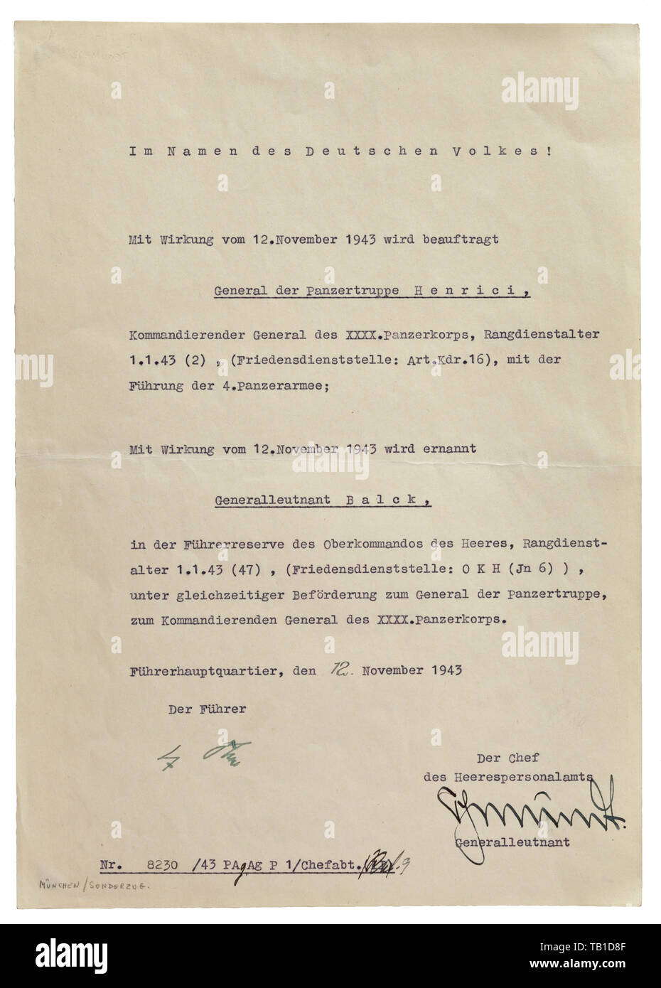 Generals of armoured units Sigfrid Henrici and Hermann Balck, Joint appointment document dated 12 November 1943 with original ink signatures of Adolf Hitler and Rudolf Schmundt. Sigfrid Henrici's appointment is to the command of 4th Panzer Army, Balck is to succeed Henrici as commanding general of 40th Panzer Corps. Folded. Sigfrid Henrici (1889 - 1964) commanded 16th Infantry Division (mot) at the onset of the Russian campaign and was awarded the Knight's Cross on 13 October 1941 for the division's su 20th century, Additional-Rights-Clearance-Info-Not-Available Stock Photo