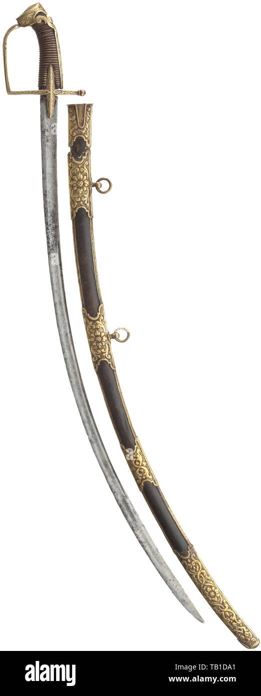 A hussar officer's sabre, dated 1752, Slender rib blade, both sides double-fullered, the base with an etched décor of a mounted hussar above trophies. Finely engraved brass knuckle-bow hilt with long languets. Original grip with copper wire wrap, brass-lined carry strap eyelet. Engraved pommel cap with perforate grip strap, tang nut loose. Corresponding black leather-covered wooden scabbard with brass fittings in rich relief work. The locket broken, traces of an old soft-solder repair, the locket spine engraved 'MICHIELE GIELICICH 1752'. Two mova, Additional-Rights-Clearance-Info-Not-Available Stock Photo