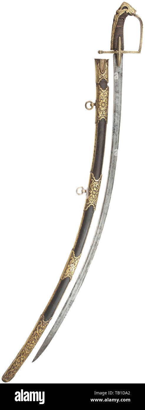 A hussar officer's sabre, dated 1752, Slender rib blade, both sides double-fullered, the base with an etched décor of a mounted hussar above trophies. Finely engraved brass knuckle-bow hilt with long languets. Original grip with copper wire wrap, brass-lined carry strap eyelet. Engraved pommel cap with perforate grip strap, tang nut loose. Corresponding black leather-covered wooden scabbard with brass fittings in rich relief work. The locket broken, traces of an old soft-solder repair, the locket spine engraved 'MICHIELE GIELICICH 1752'. Two mova, Additional-Rights-Clearance-Info-Not-Available Stock Photo
