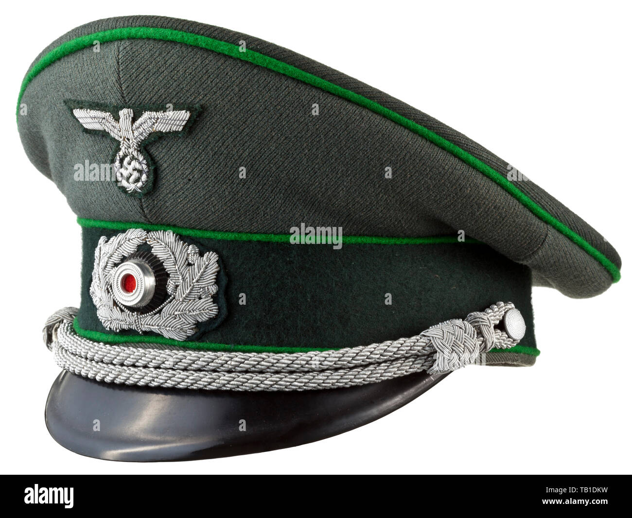 A visor cap for officers of Panzergrenadiers, Field-grey cloth, dark-green trim band, meadow-green piping. Dark blue liner, cap trapezoid 'Deutsche Wertarbeit Sonderklasse', brown leather sweat band. Insignia in hand-embroidered officer quality, officer's cording on grained aluminium buttons. In a mint state of preservation. Very rare service branch colour. mechanised infantry, mechanized infantry, branch of service, branches of service, armed service, armed services, military, militaria, private, privates, uniform, uniforms, utensil, piece of equipment, utensils, clothes, , Editorial-Use-Only Stock Photo