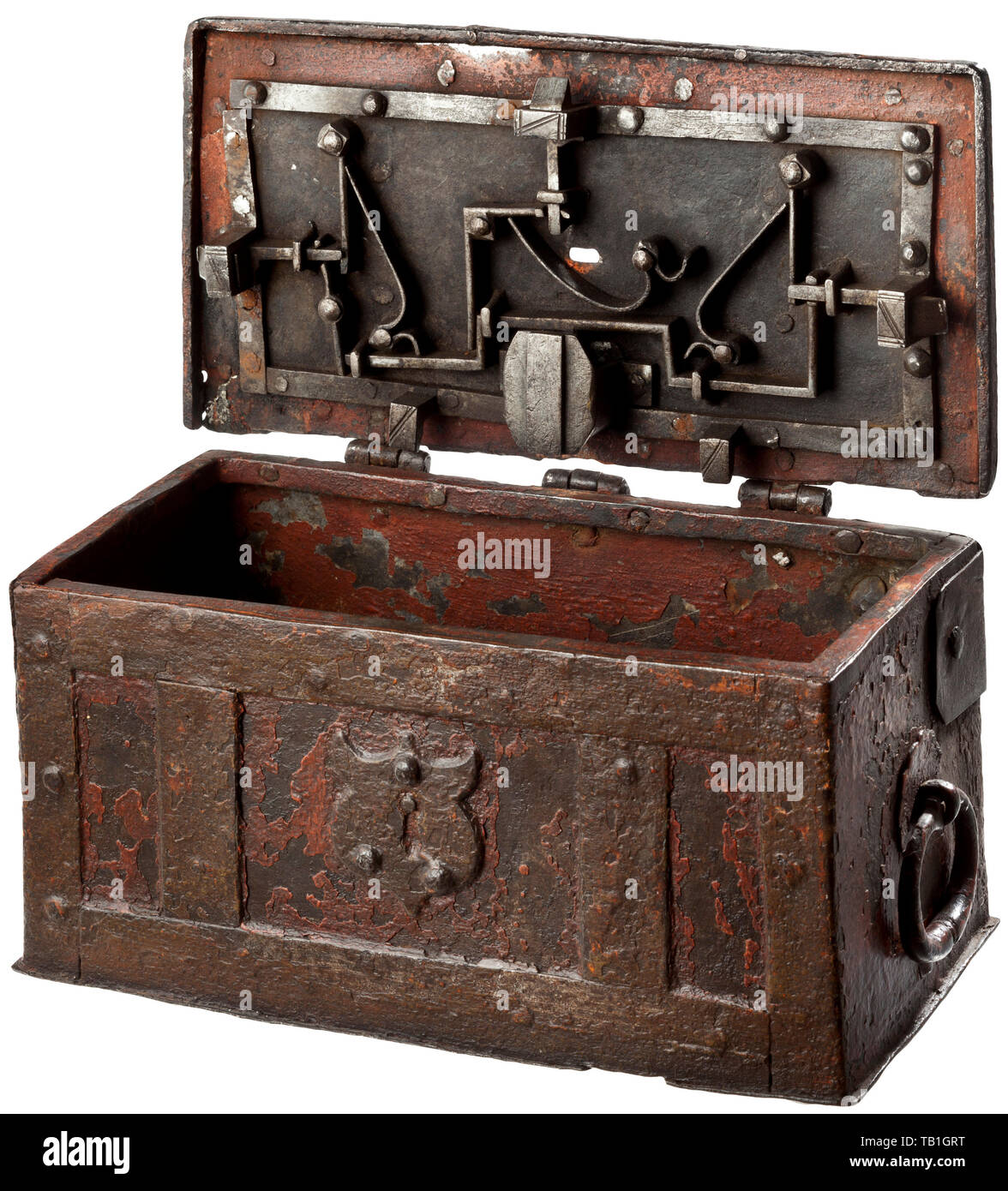 A German painted iron casket, mid-16th century, The rectangular casket reinforced with iron bands, with a hinged lid and a false lock on the front. The locking mechanism with three spring-loaded latches on the inside of the lid, the keyhole with a hasp, replaced key. A movable carrying handle on each side. Several older repairs. Dimensions 13 x 24 x 12.5 cm. handicrafts, handcraft, craft, object, objects, stills, clipping, clippings, cut out, cut-out, cut-outs, historic, historical, Additional-Rights-Clearance-Info-Not-Available Stock Photo