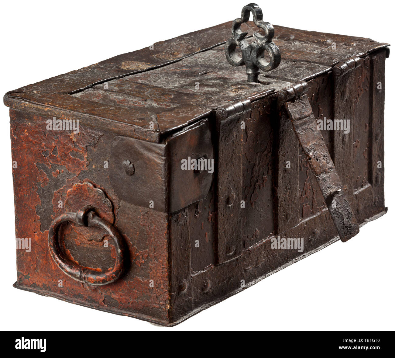 A German painted iron casket, mid-16th century, The rectangular casket reinforced with iron bands, with a hinged lid and a false lock on the front. The locking mechanism with three spring-loaded latches on the inside of the lid, the keyhole with a hasp, replaced key. A movable carrying handle on each side. Several older repairs. Dimensions 13 x 24 x 12.5 cm. handicrafts, handcraft, craft, object, objects, stills, clipping, clippings, cut out, cut-out, cut-outs, historic, historical, Additional-Rights-Clearance-Info-Not-Available Stock Photo