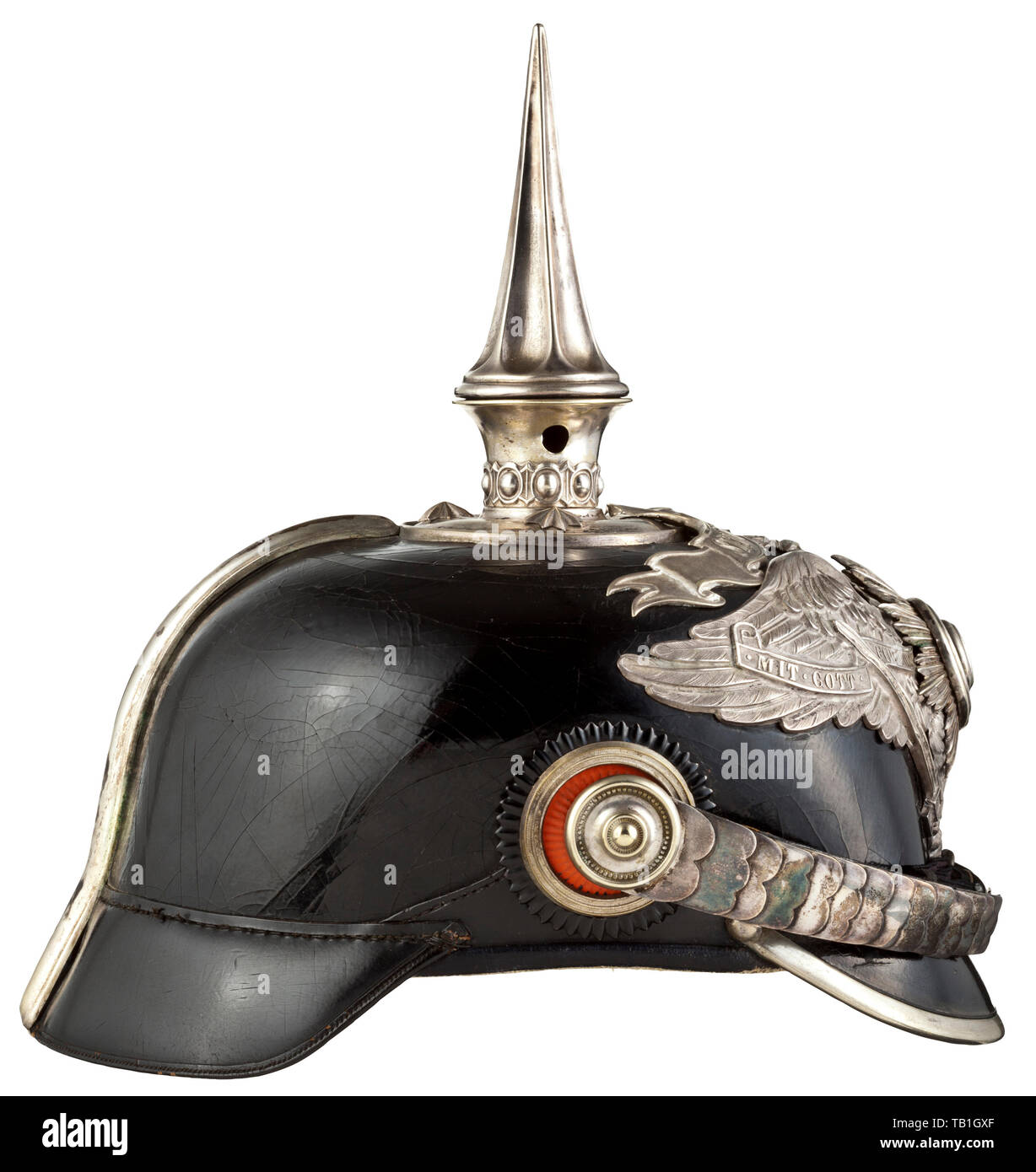 Prince Oskar of Prussia (1888 - 1958) - a helmet as officer in the 1st Foot Guard Regiment, Body made of black patent leather (brittle), silver fittings. Eagle emblem with applied, enamelled guard star ('Suum Cuique'), surmounted by the script banner 'Semper Talis', flat chinscales on officer's cockades, high fluted spike (unscrewable), pearl ring, circular crown plate with star screws. White silk lining and white leather sweatband, inside the body manufacturer's label 'Ed. Schultze, Königl. Hoflieferant, Potsdam'. With helmet cover made of field, Additional-Rights-Clearance-Info-Not-Available Stock Photo