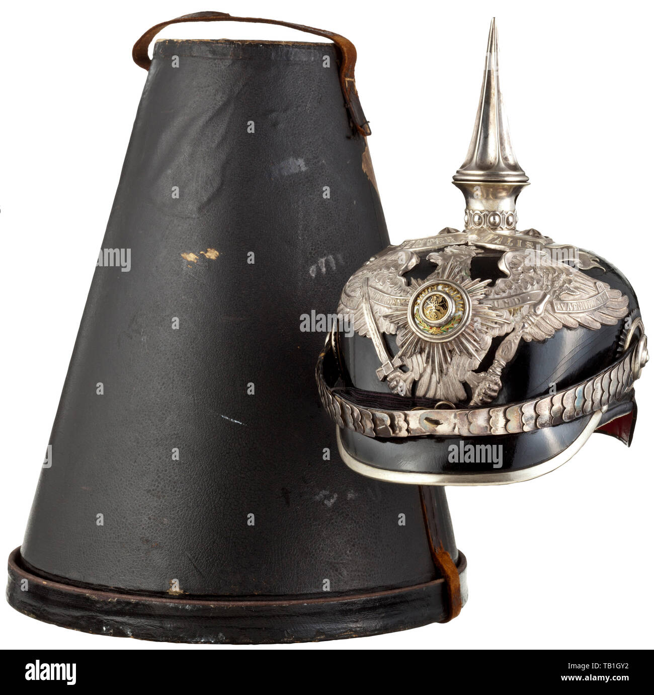 Prince Oskar of Prussia (1888 - 1958) - a helmet as officer in the 1st Foot Guard Regiment, Body made of black patent leather (brittle), silver fittings. Eagle emblem with applied, enamelled guard star ('Suum Cuique'), surmounted by the script banner 'Semper Talis', flat chinscales on officer's cockades, high fluted spike (unscrewable), pearl ring, circular crown plate with star screws. White silk lining and white leather sweatband, inside the body manufacturer's label 'Ed. Schultze, Königl. Hoflieferant, Potsdam'. With helmet cover made of field, Additional-Rights-Clearance-Info-Not-Available Stock Photo