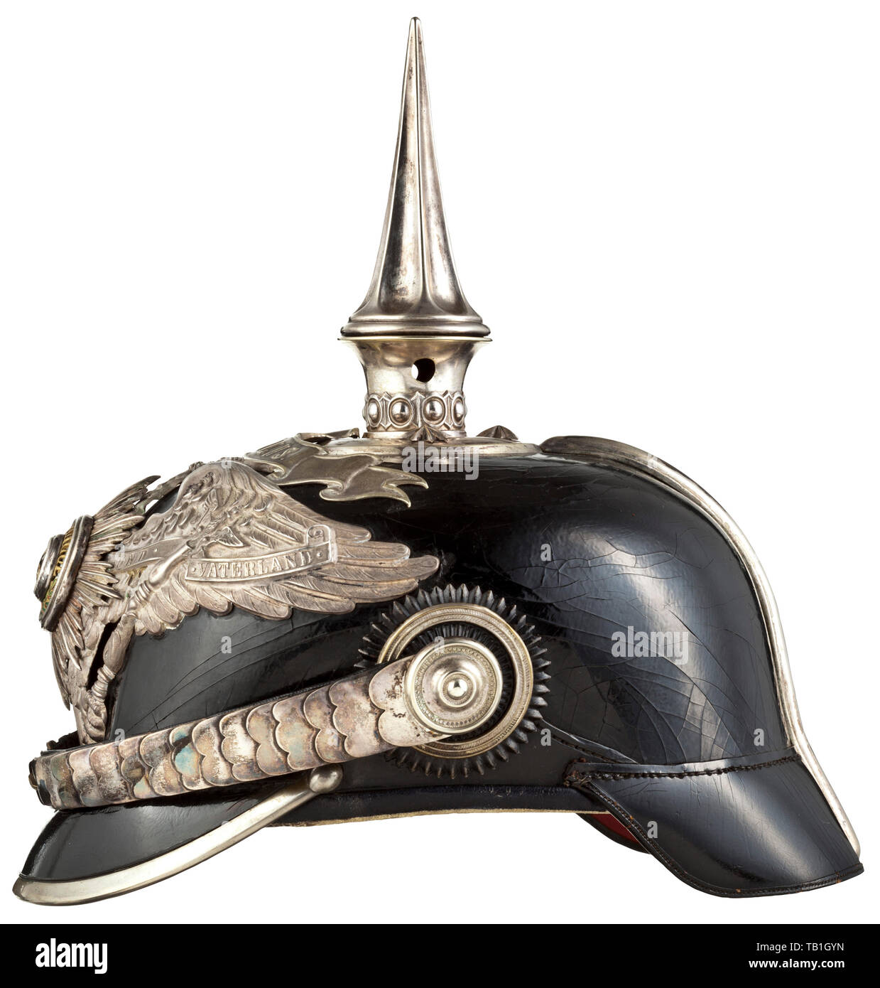 Prince Oskar of Prussia (1888 - 1958) - a helmet as officer in the 1st Foot Guard Regiment, Body made of black patent leather (brittle), silver fittings. Eagle emblem with applied, enamelled guard star ('Suum Cuique'), surmounted by the script banner 'Semper Talis', flat chinscales on officer's cockades, high fluted spike (unscrewable), pearl ring, circular crown plate with star screws. White silk lining and white leather sweatband, inside the body manufacturer's label 'Ed. Schultze, Königl. Hoflieferant, Potsdam'. With helmet cover made of field, Additional-Rights-Clearance-Info-Not-Available Stock Photo