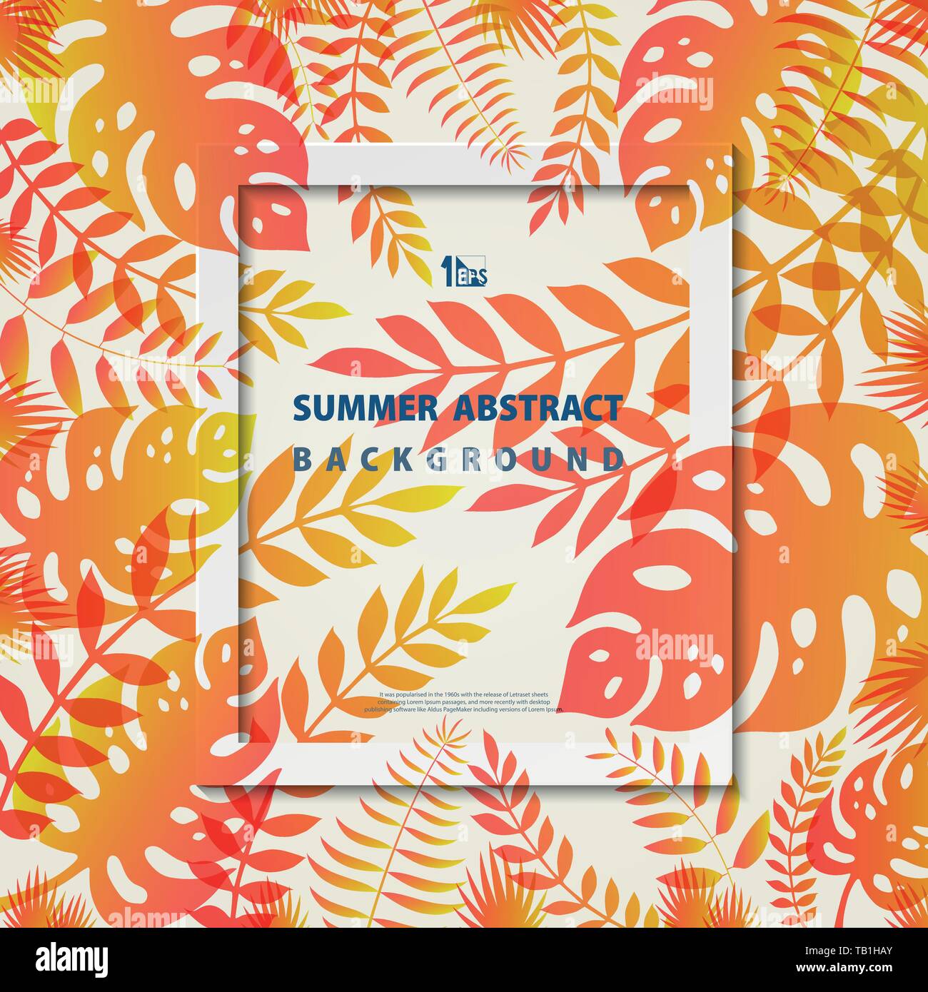 Abstract summer frame leaves nature living coral and yellow colors background. You can use for cover design, nature template, design artwork. Stock Vector