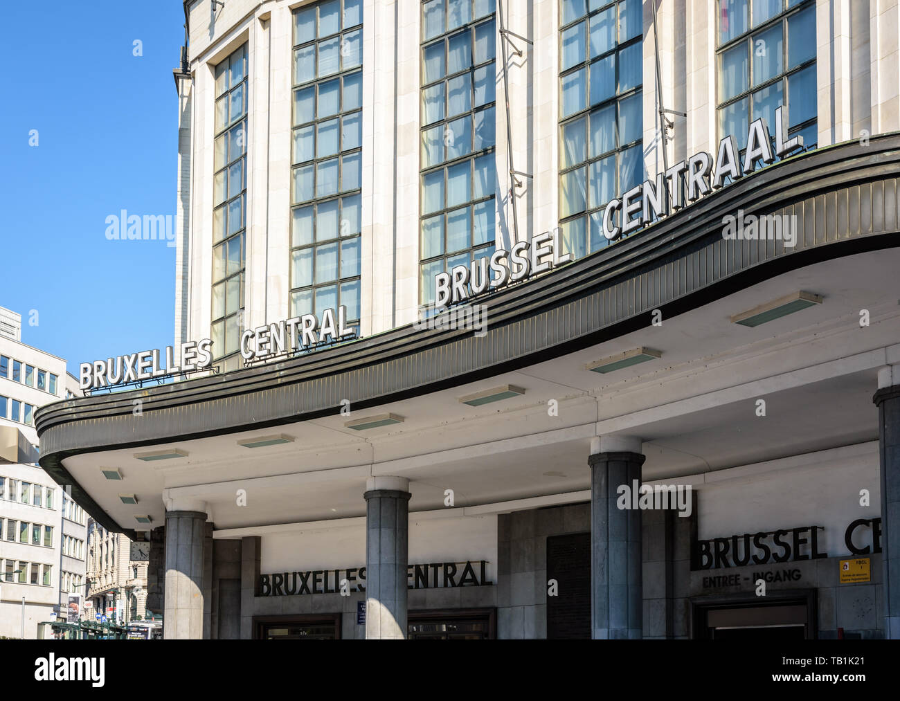 Bruxelles Central and Brussel Centraal, the french and dutch names of the central train station, displayed in white letters above the main entrance. Stock Photo
