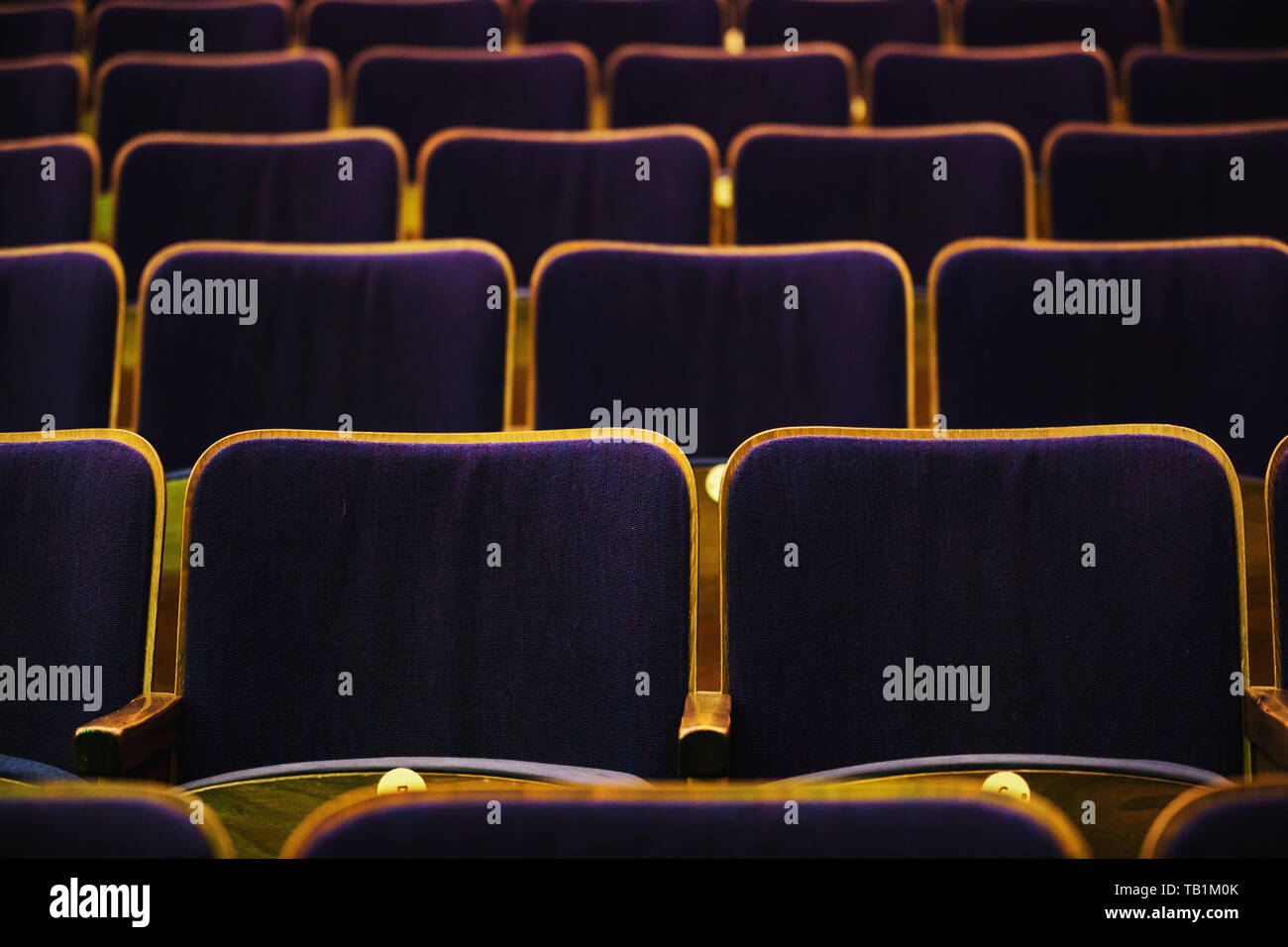 auditorium with seats, chairs in auditorium colored by spotlights Stock Photo Alamy