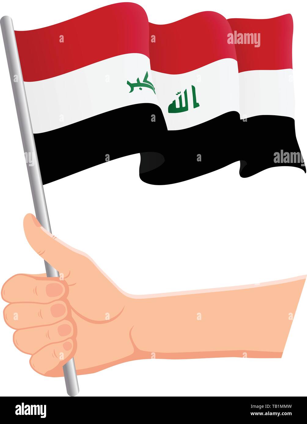 Hand holding and waving the national flag of Iraq. Fans, independence day, patriotic concept. Vector illustration Stock Vector