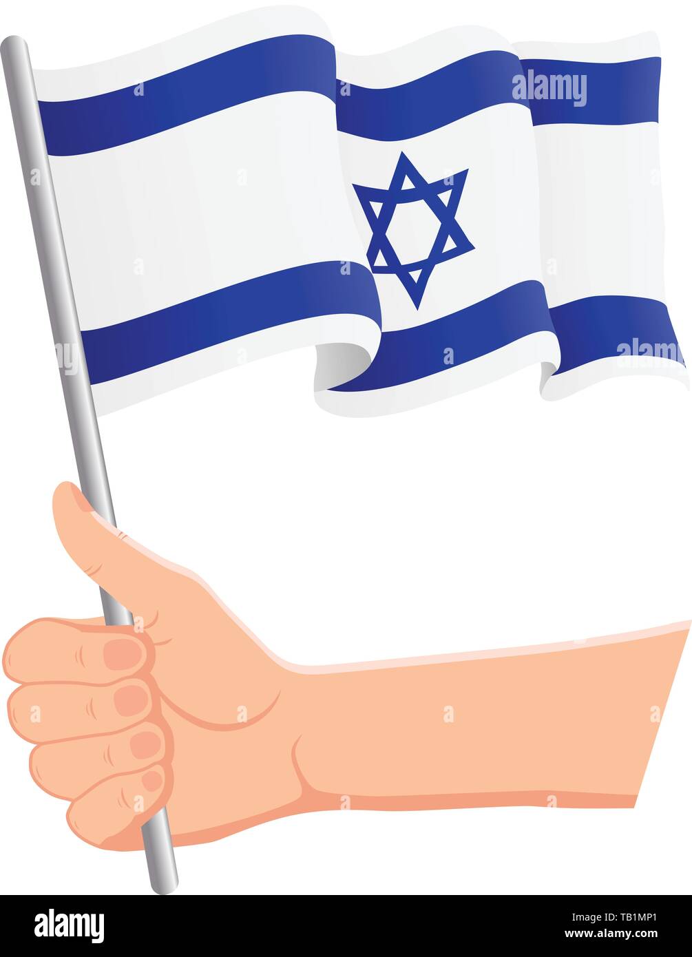 Hand holding and waving the national flag of Israel. Fans, independence day, patriotic concept. Vector illustration Stock Vector