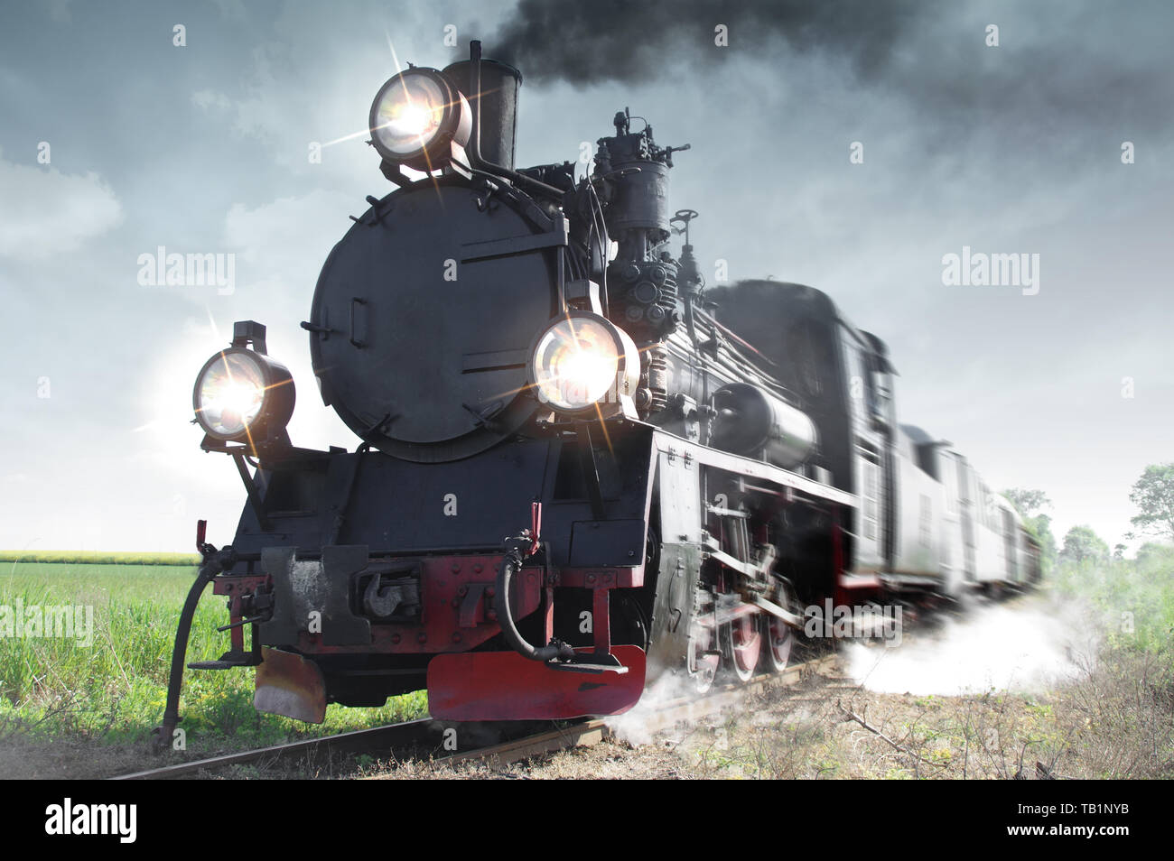 Old passenger train running on tracks through the forest. Retro