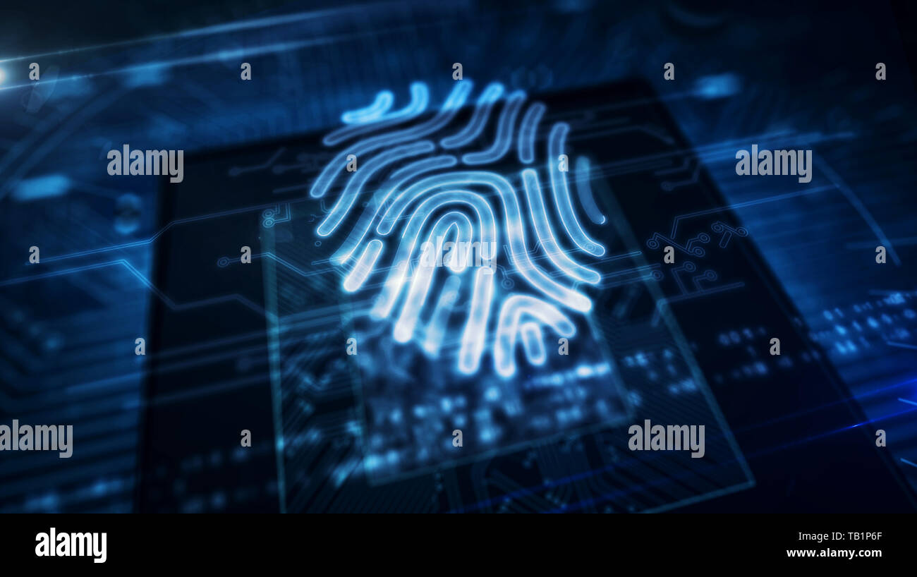 Cyber security concept with fingerprint hologram over working cpu in background. Concept of personal authentication technology, identity and biometric Stock Photo