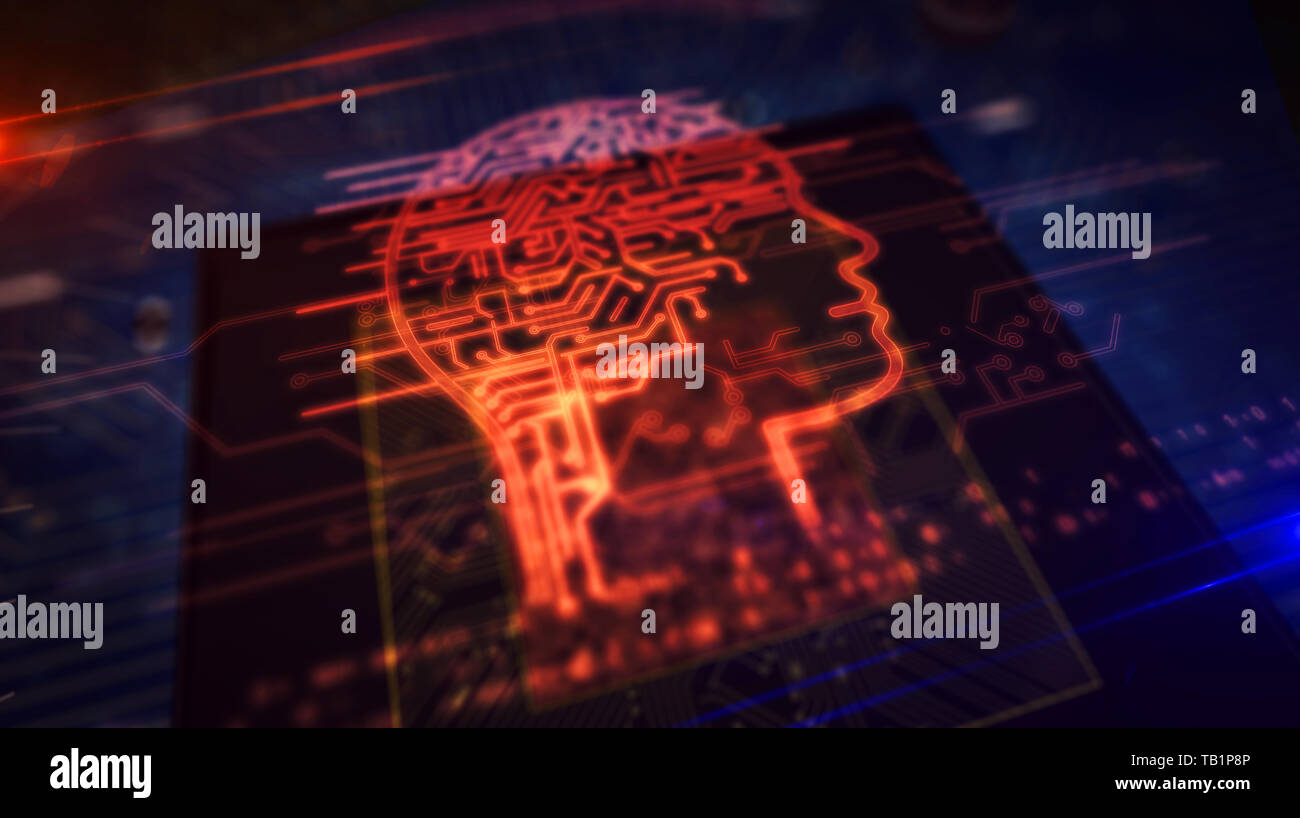 Artificial intelligence, deep machine learning, cybernetic brain and analysing concept with ai head hologram over working cpu in background. Circuit b Stock Photo