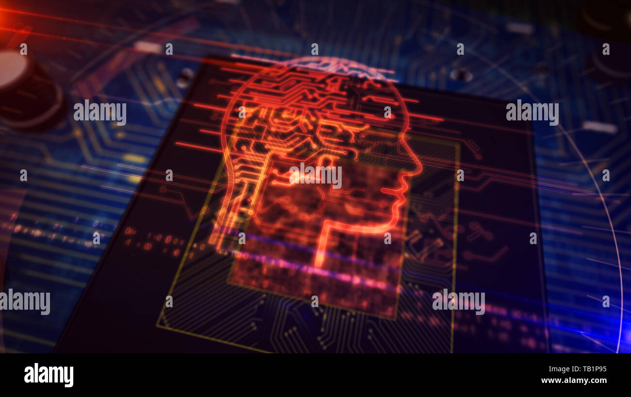 Artificial intelligence, deep machine learning, cybernetic brain and analysing concept with ai head hologram over working cpu in background. Circuit b Stock Photo