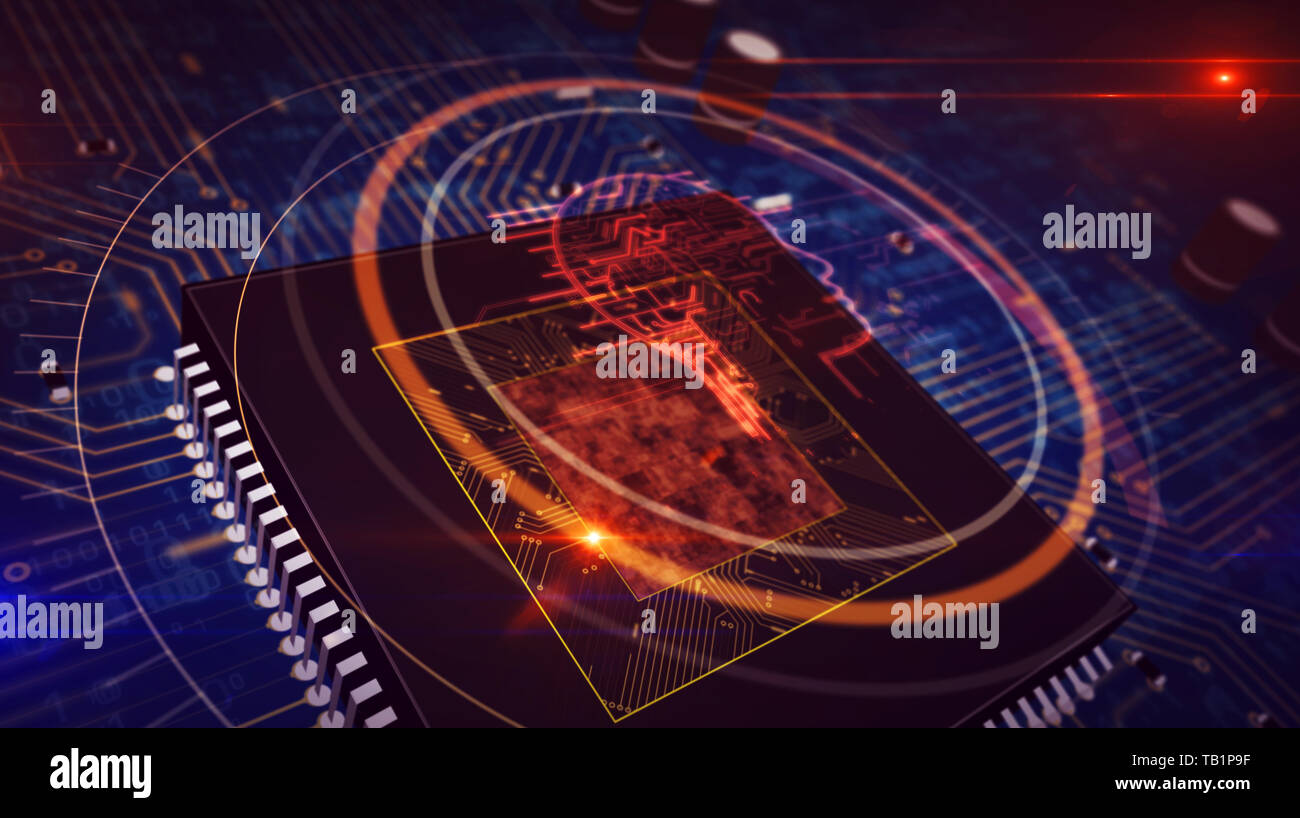Artificial intelligence, deep machine learning, cybernetic brain and analysing concept with ai head hologram over working cpu in background. Circuit b Stock Photo