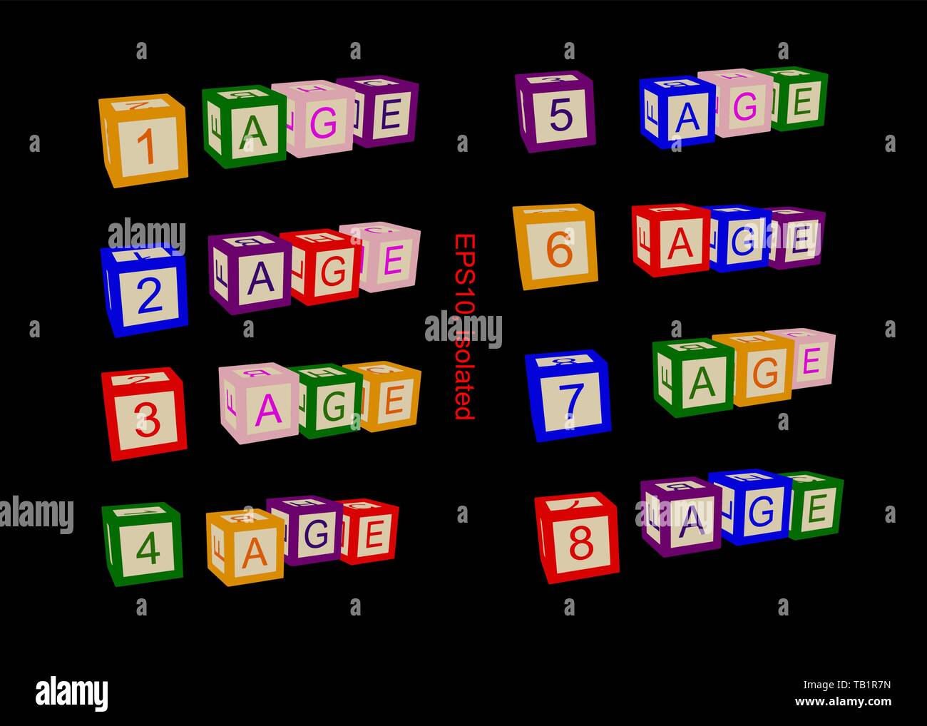 Age line,  numbers of ages. Illustration for books or posters. Numbers and text on blocks or child cubes. Stock Vector