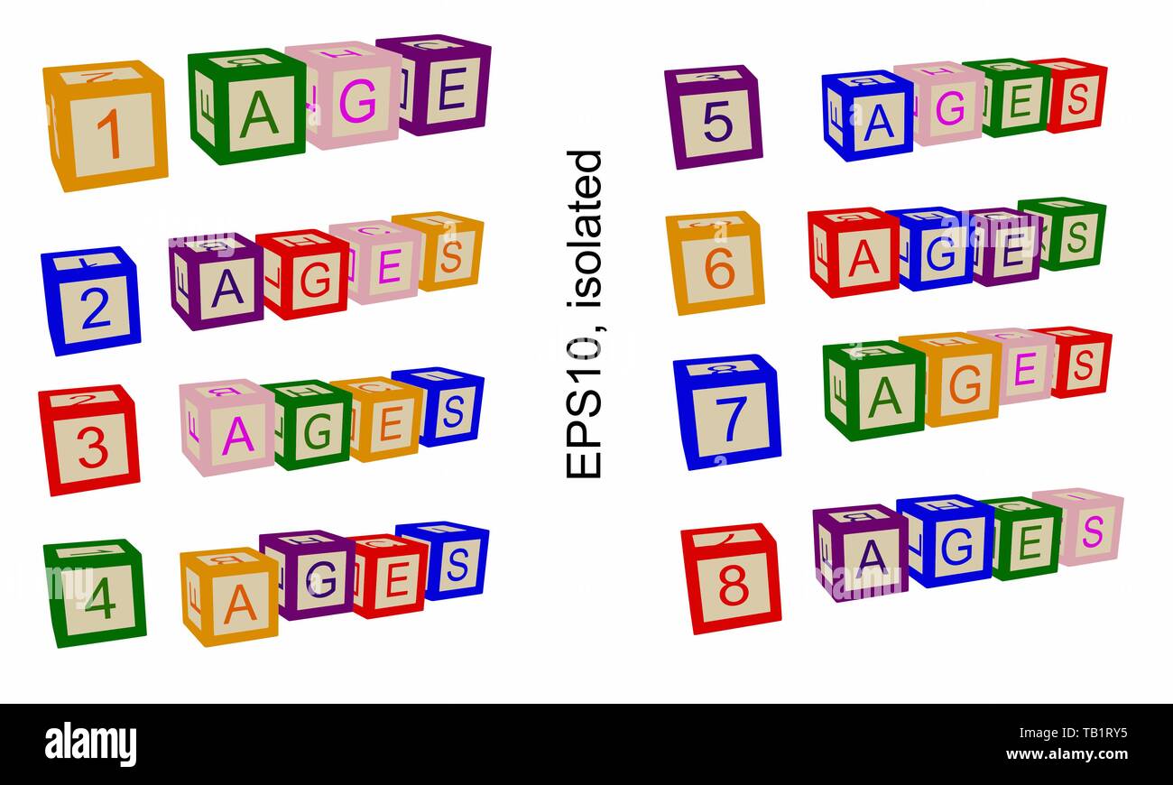 Age line,  numbers of ages. Illustration for books or posters. Numbers and text on blocks or child cubes. Stock Vector