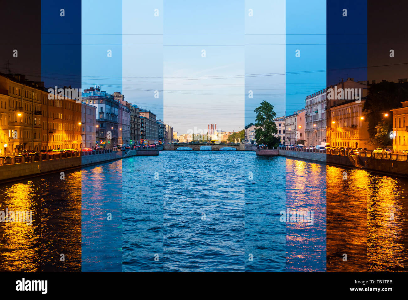 Time-lapse collage of slices of different times of day. Beautiful view of the Fontanka River and historic buildings from the Krasnoarmeyskiy bridge, S Stock Photo