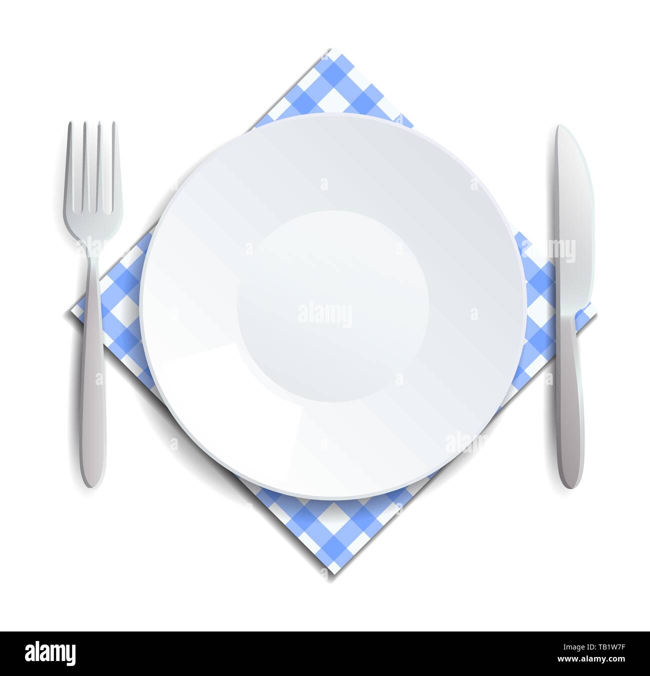 Realistic empty plate, fork and knife served on a checkered napkin vector illustration. Can be used for advertising Stock Vector