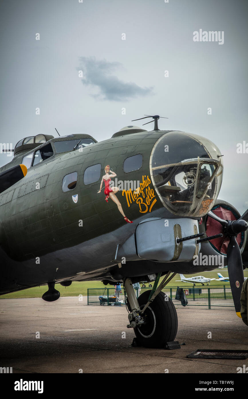 Memphis Belle US bomber. Detail of the front of the plane at the ...