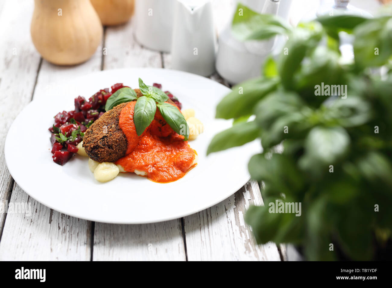 Appetizing Dinner Dish Vegetarian Dish Served On A White Plate Horizontal Composition Stock Photo Alamy