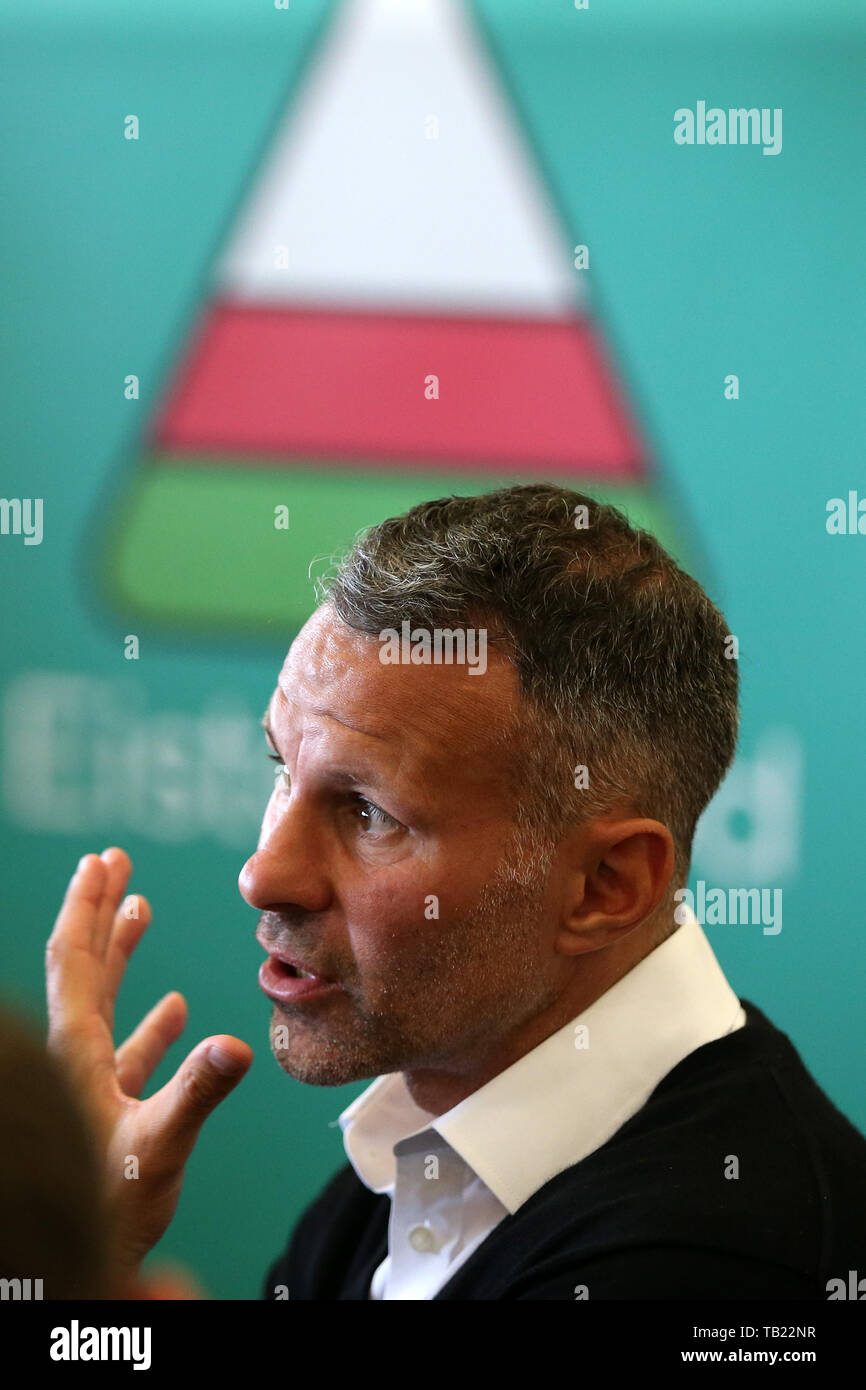 Cardiff, UK. 29th May, 2019. Ryan Giggs, the manager of Wales speaks to the press during the Wales football squad Press conference at the Wales Millennium Centre during the Urdd Eisteddfod on Wednesday 29th May 2019. the team are preparing for their forthcoming UEFA Euro 2020 quailfiers against Croatia and Hungary. pic by Andrew Orchard/Alamy Live News Stock Photo
