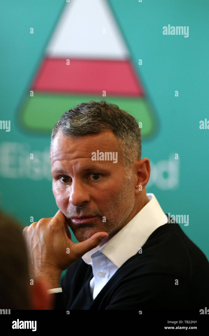 Cardiff, UK. 29th May, 2019. Ryan Giggs, the manager of Wales speaks to the press during the Wales football squad Press conference at the Wales Millennium Centre during the Urdd Eisteddfod on Wednesday 29th May 2019. the team are preparing for their forthcoming UEFA Euro 2020 quailfiers against Croatia and Hungary. pic by Andrew Orchard/Alamy Live News Stock Photo
