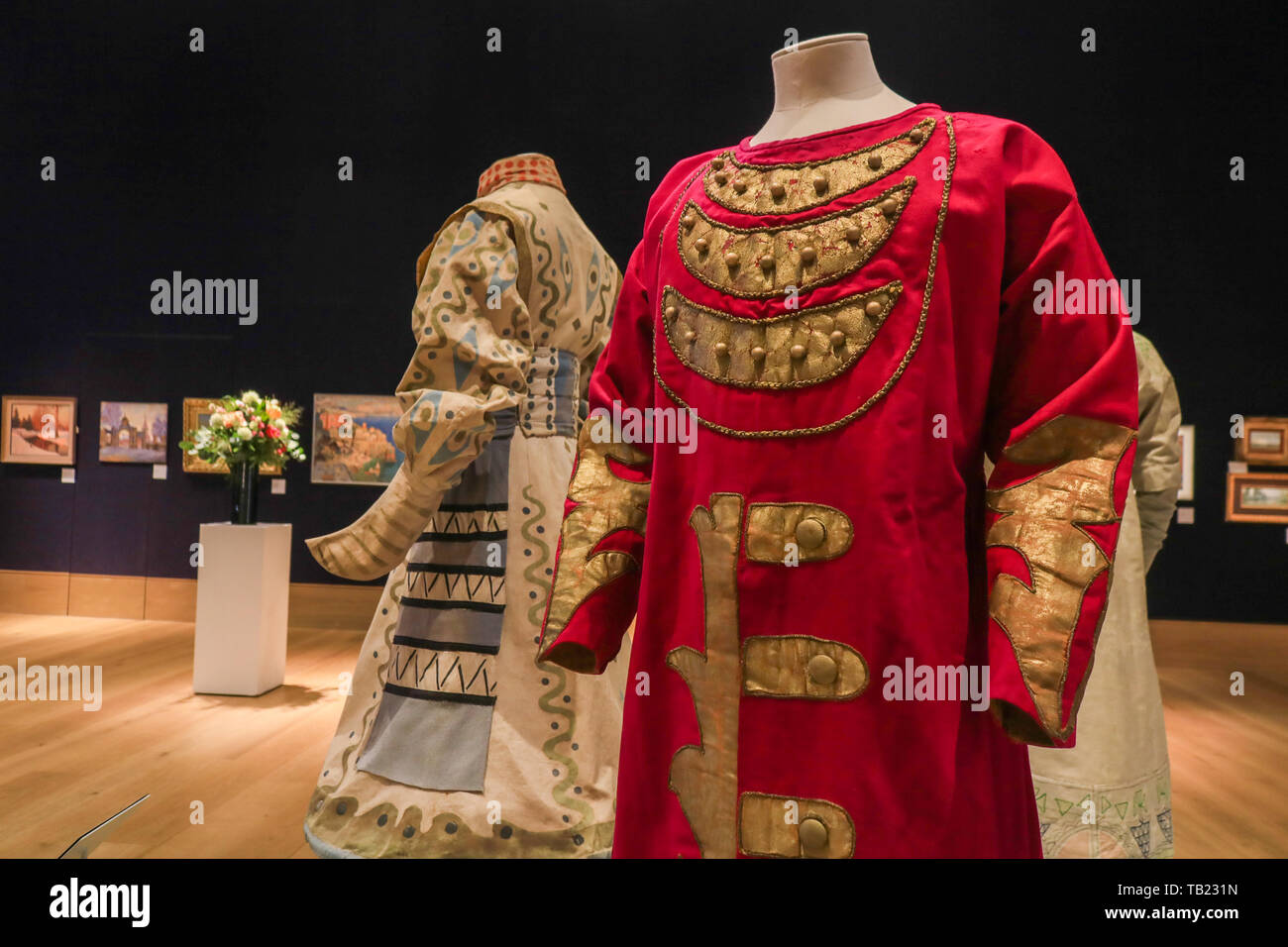 London, UK. 29th May, 2019. In Pursuit of the Firebird  Ballets Russes special Exhibition  marking the 110th anniversary of the Ballets Russes founded by Serge Diaghilev in 1909 Running during Russian Art Week. The exhibition will focus on Costumes used in The Firebird, a ballet by Igor Stravinski presented during the Ballets Russes Paris season in 1910 with music by Igor Stravinsky and the first of his many important collaborations with Diaghilev Credit: amer ghazzal/Alamy Live News Stock Photo