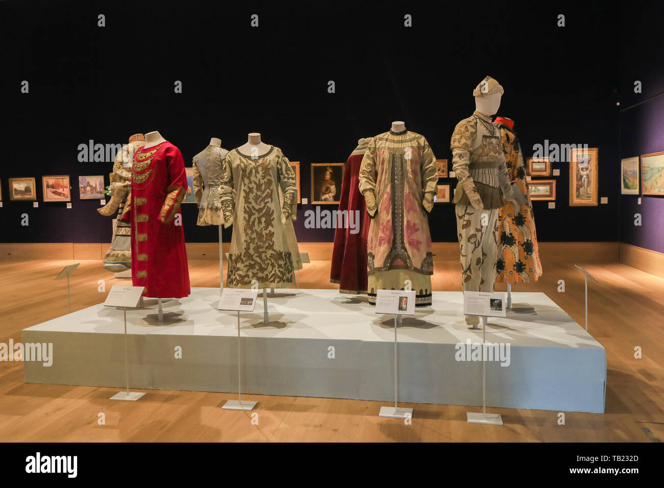 London, UK. 29th May, 2019. In Pursuit of the Firebird  Ballets Russes special Exhibition  marking the 110th anniversary of the Ballets Russes founded by Serge Diaghilev in 1909 Running during Russian Art Week. The exhibition will focus on Costumes used in The Firebird, a ballet by Igor Stravinski presented during the Ballets Russes Paris season in 1910 with music by Igor Stravinsky and the first of his many important collaborations with Diaghilev Credit: amer ghazzal/Alamy Live News Stock Photo