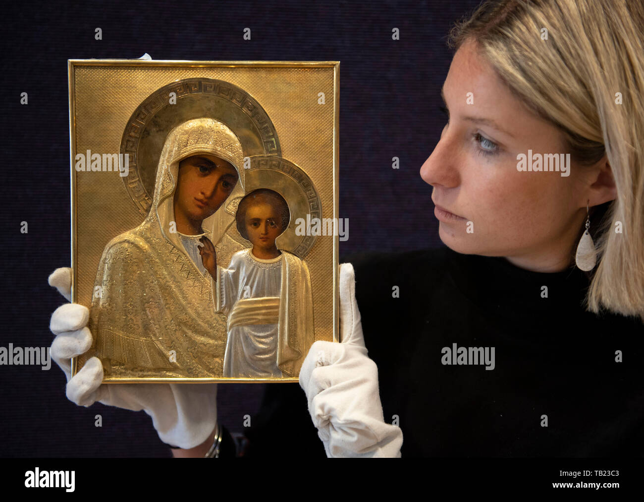 Bonhams, New Bond Street, London, UK. 29th May 2019. Preview of The Russian Sale, taking place on 5th June 2019. Image: The Mother of God of Kazan, Morozov, St Petersburg. Estimate £5,000-7,000. Credit: Malcolm Park/Alamy Live News Stock Photo