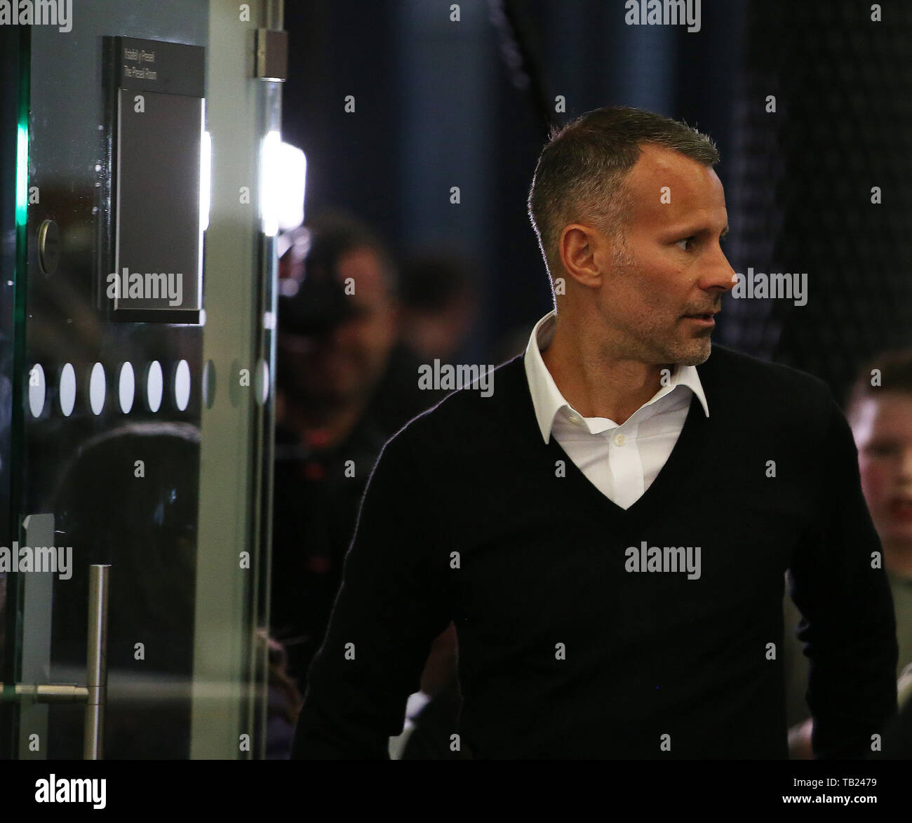 Cardiff, UK. 29th May, 2019. Ryan Giggs, the manager of Wales arrives for the Wales football squad Press conference at the Wales Millennium Centre during the Urdd Eisteddfod on Wednesday 29th May 2019. the team are preparing for their forthcoming UEFA Euro 2020 quailfiers against Croatia and Hungary. pic by Andrew Orchard/Alamy Live News Stock Photo