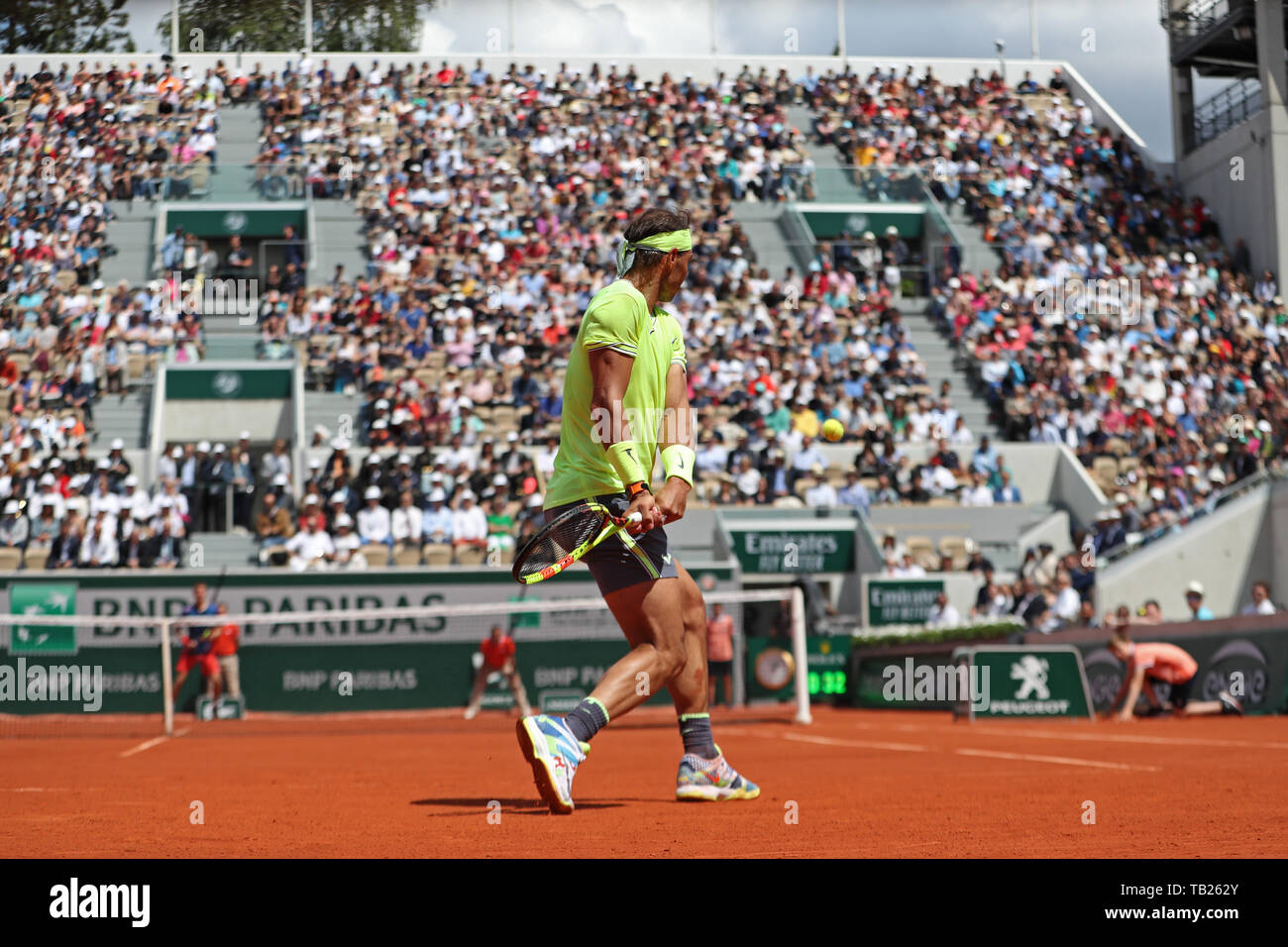 Paris, France. 29th May, 2019. Paris, France 29th May. Rafael Nadal (ESP) plays from deep in the court during the French Open Tennis at Stade Roland-Garros, Paris on Wednesday 29th May 2019. (Credit: Jon Bromley | MI News) Credit: MI News & Sport /Alamy Live News Stock Photo